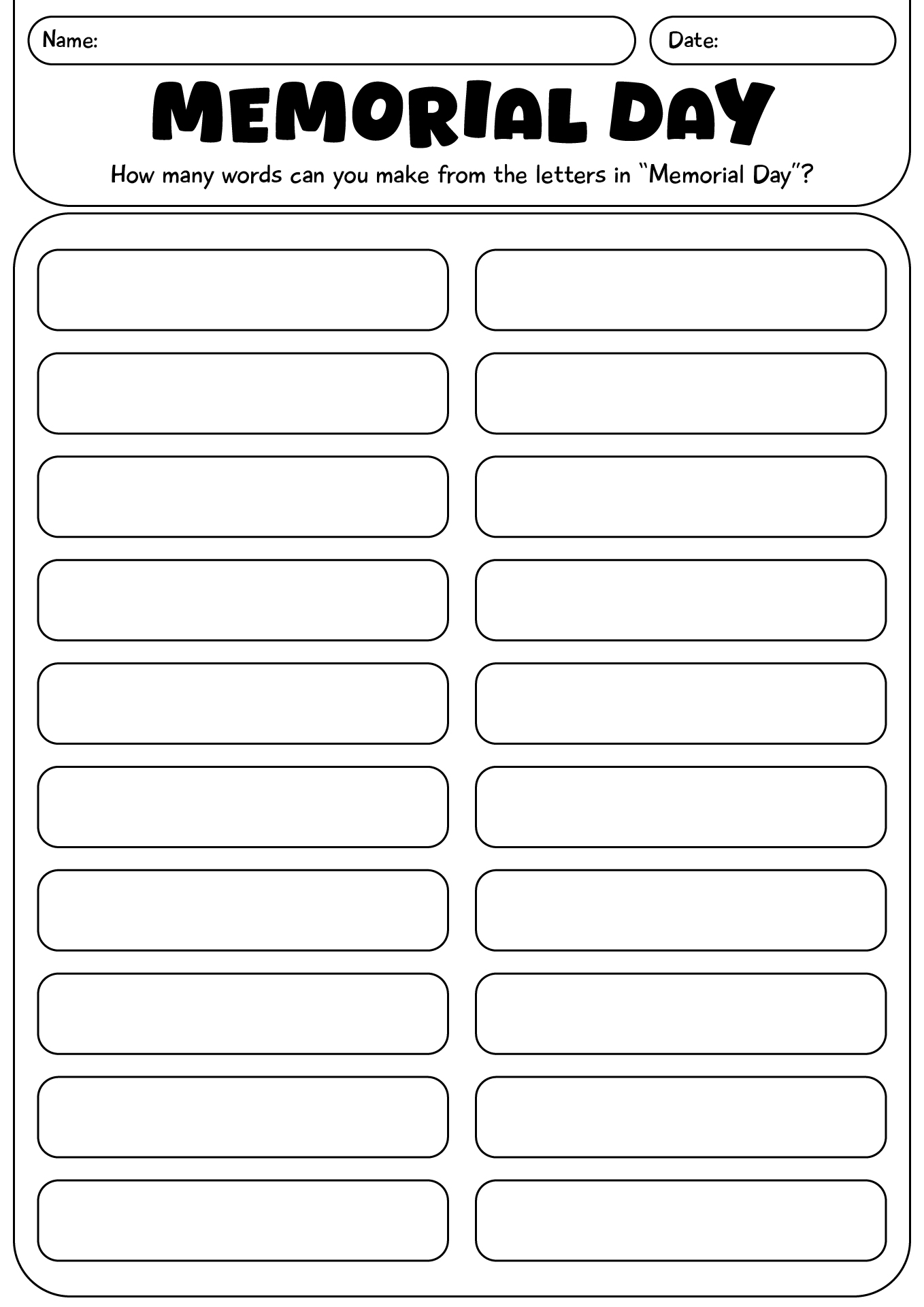 Memorial Day Printable Worksheet