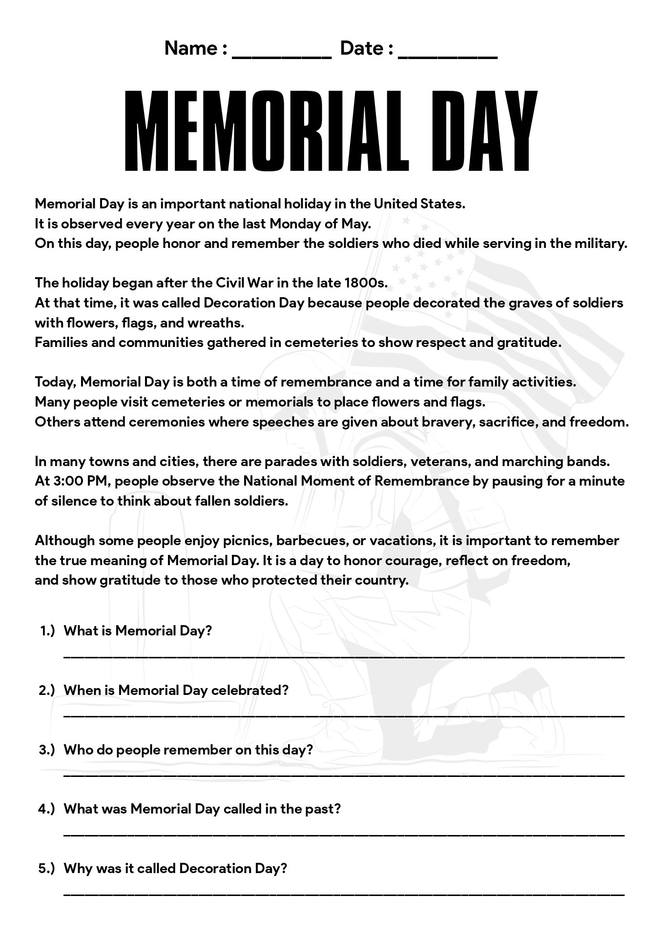 Memorial Day Reading Comprehension Exercises