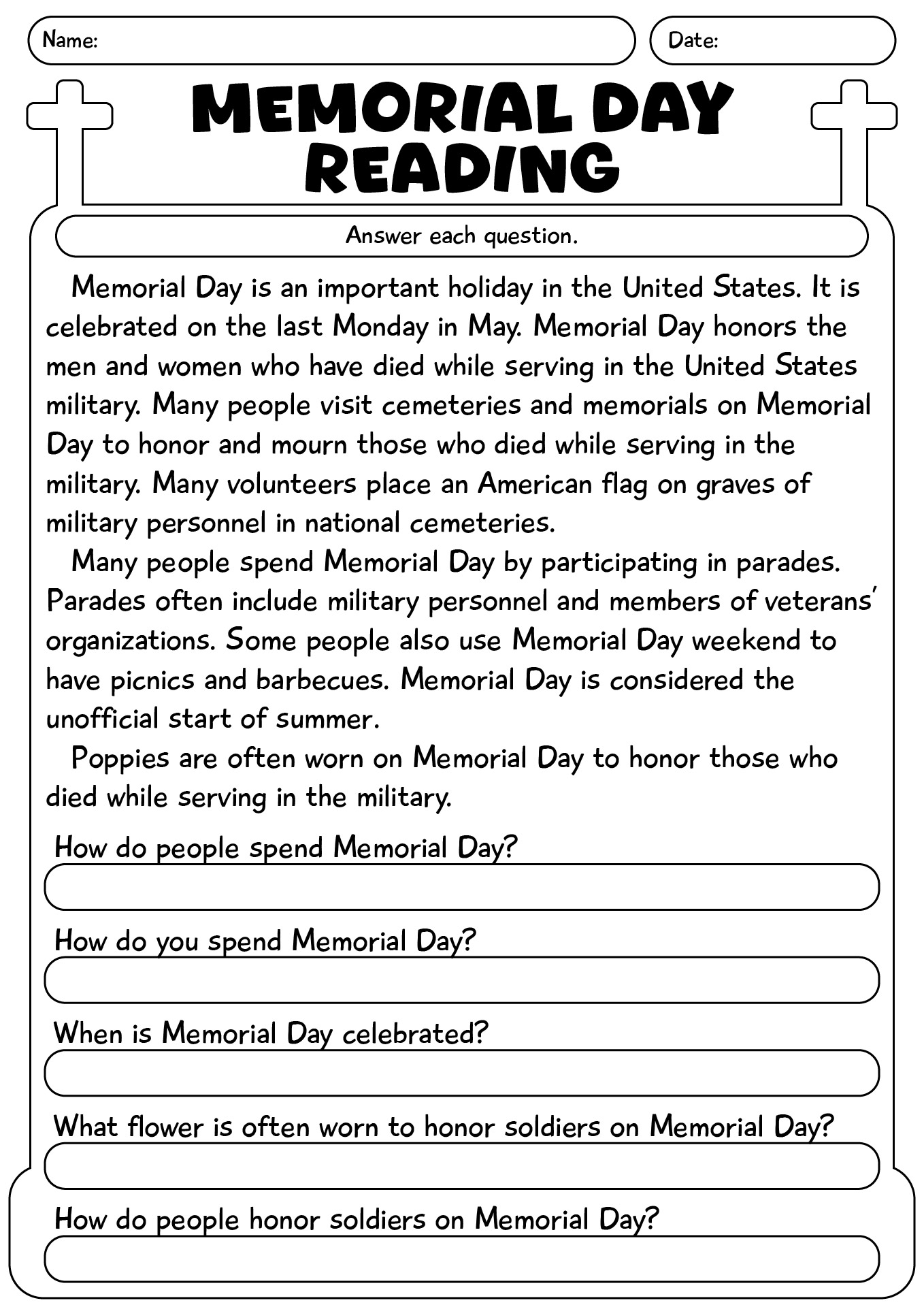 Memorial Day Reading Comprehension