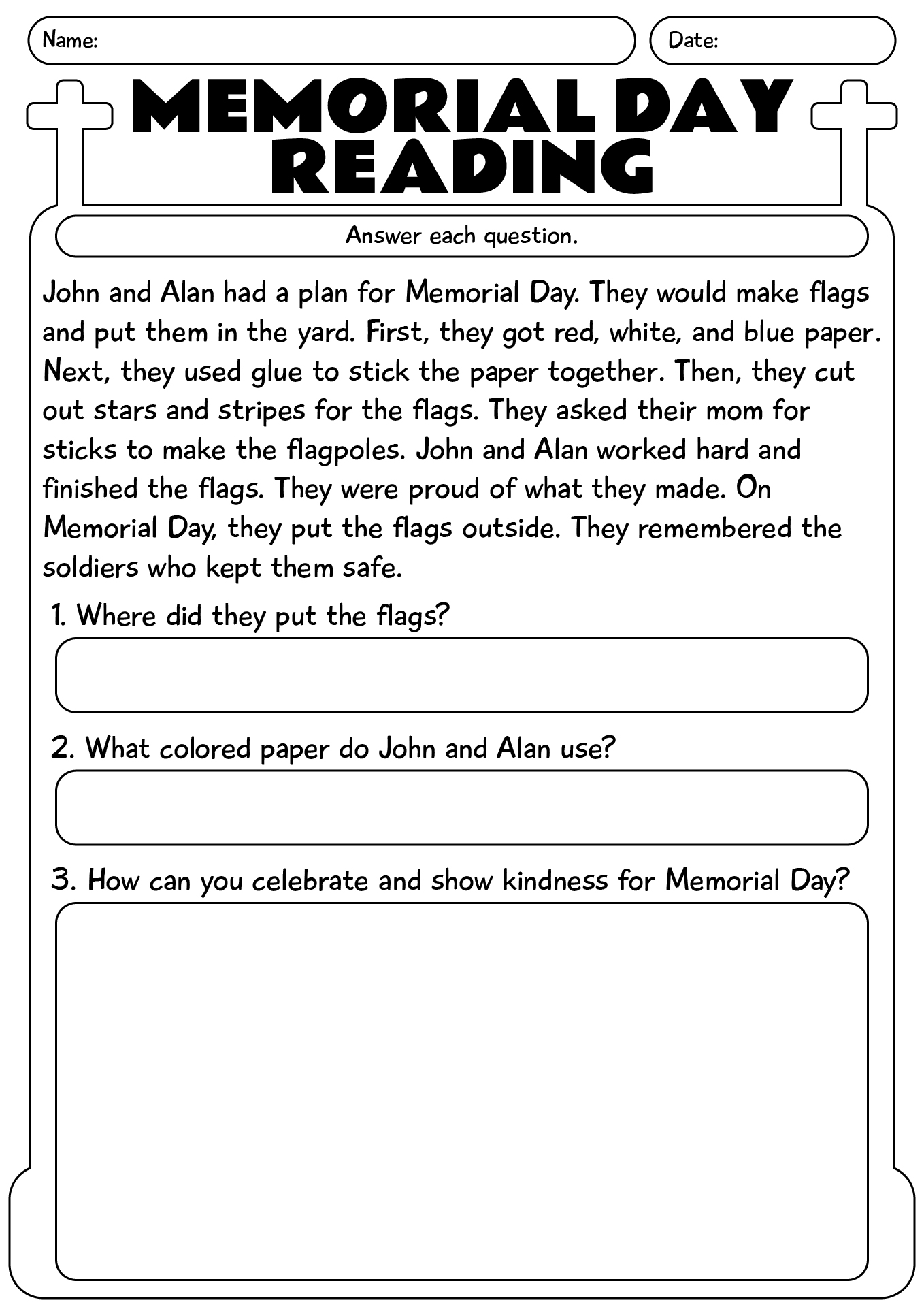 Memorial Day Reading Worksheet
