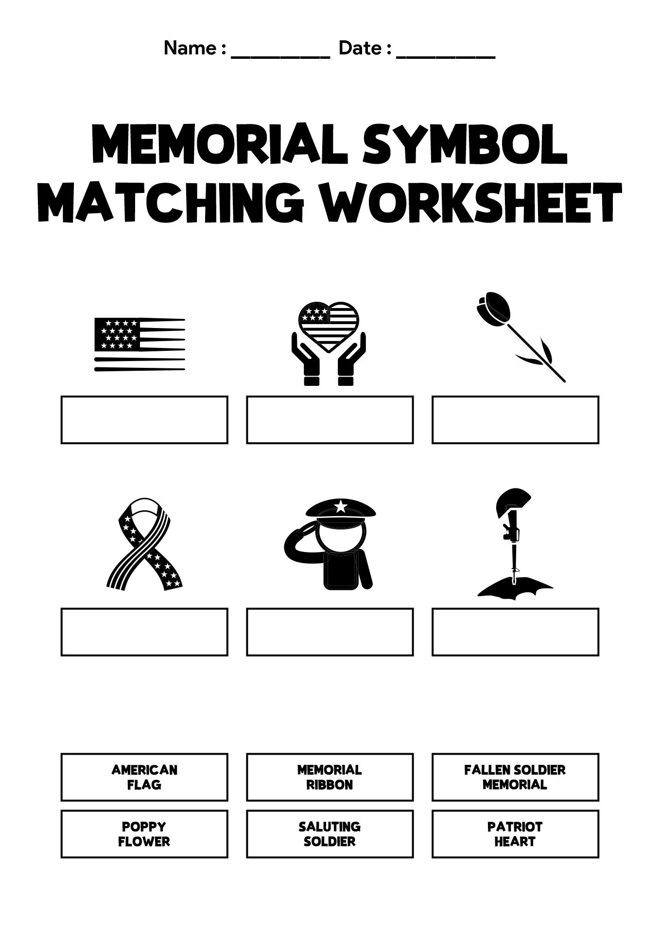 Memorial Day Symbols Matching Worksheets for Preschool
