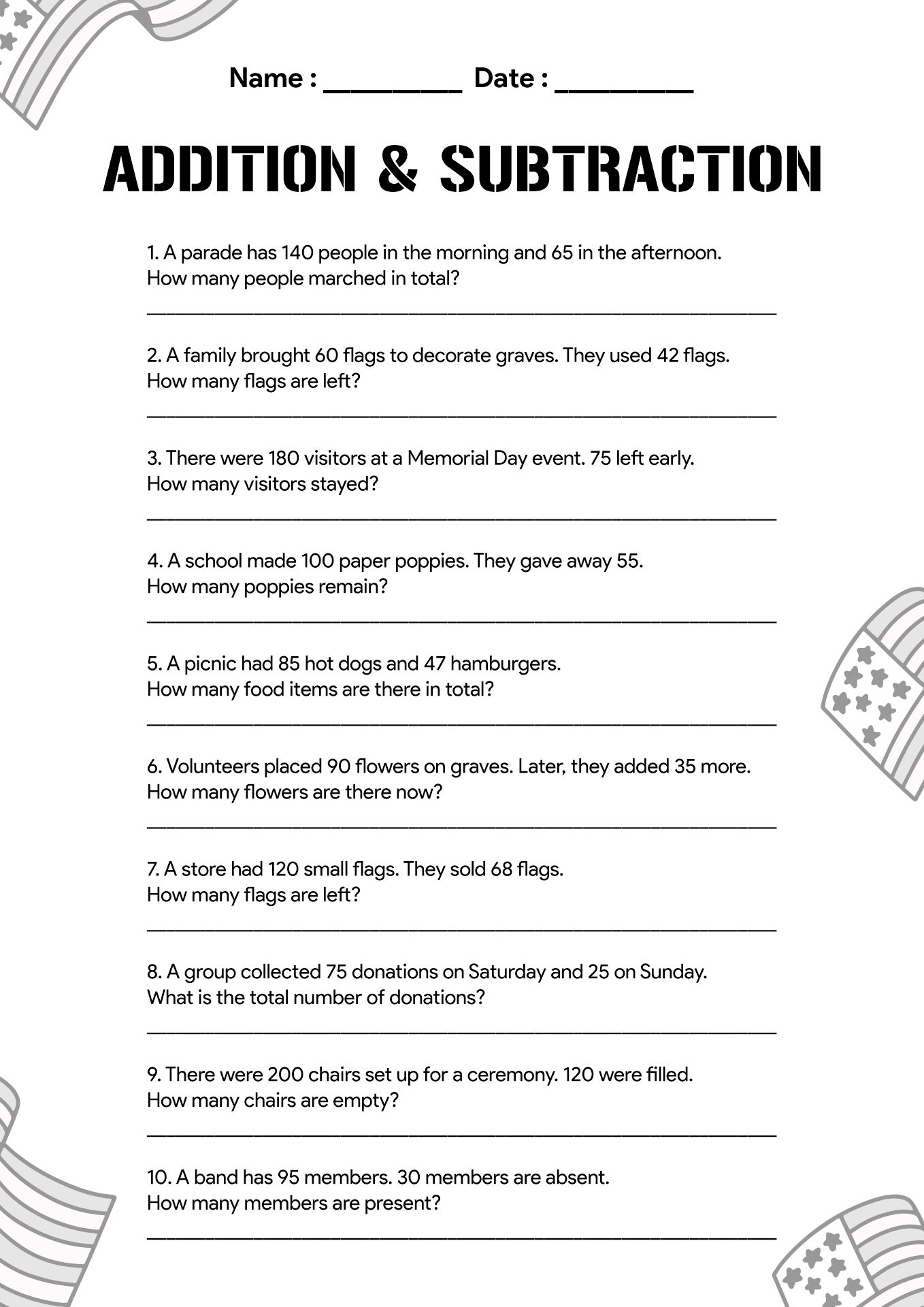 Memorial Day Themed Math Problem Solving Worksheets