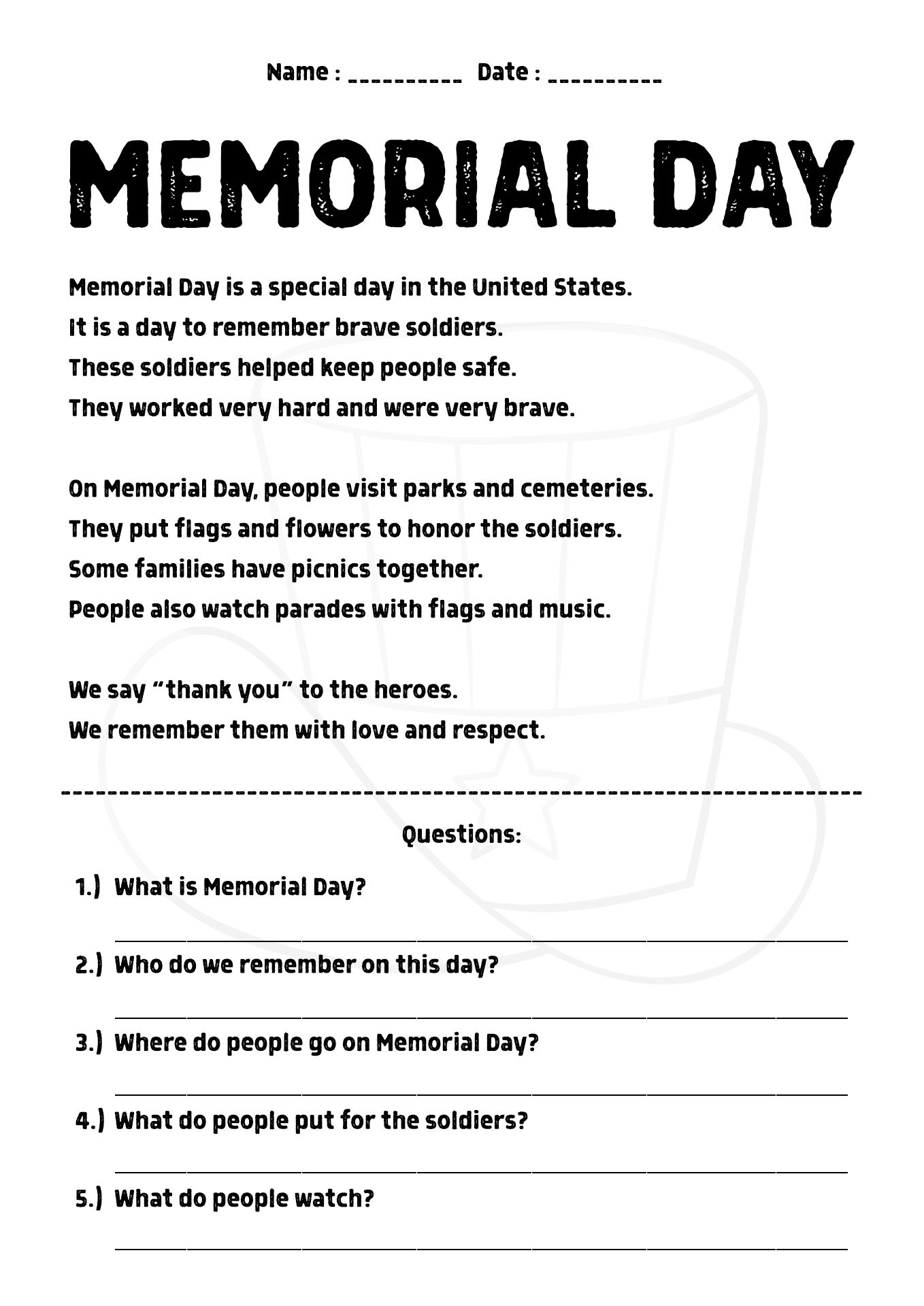 Memorial Day Themed Reading Comprehension for Kindergarten