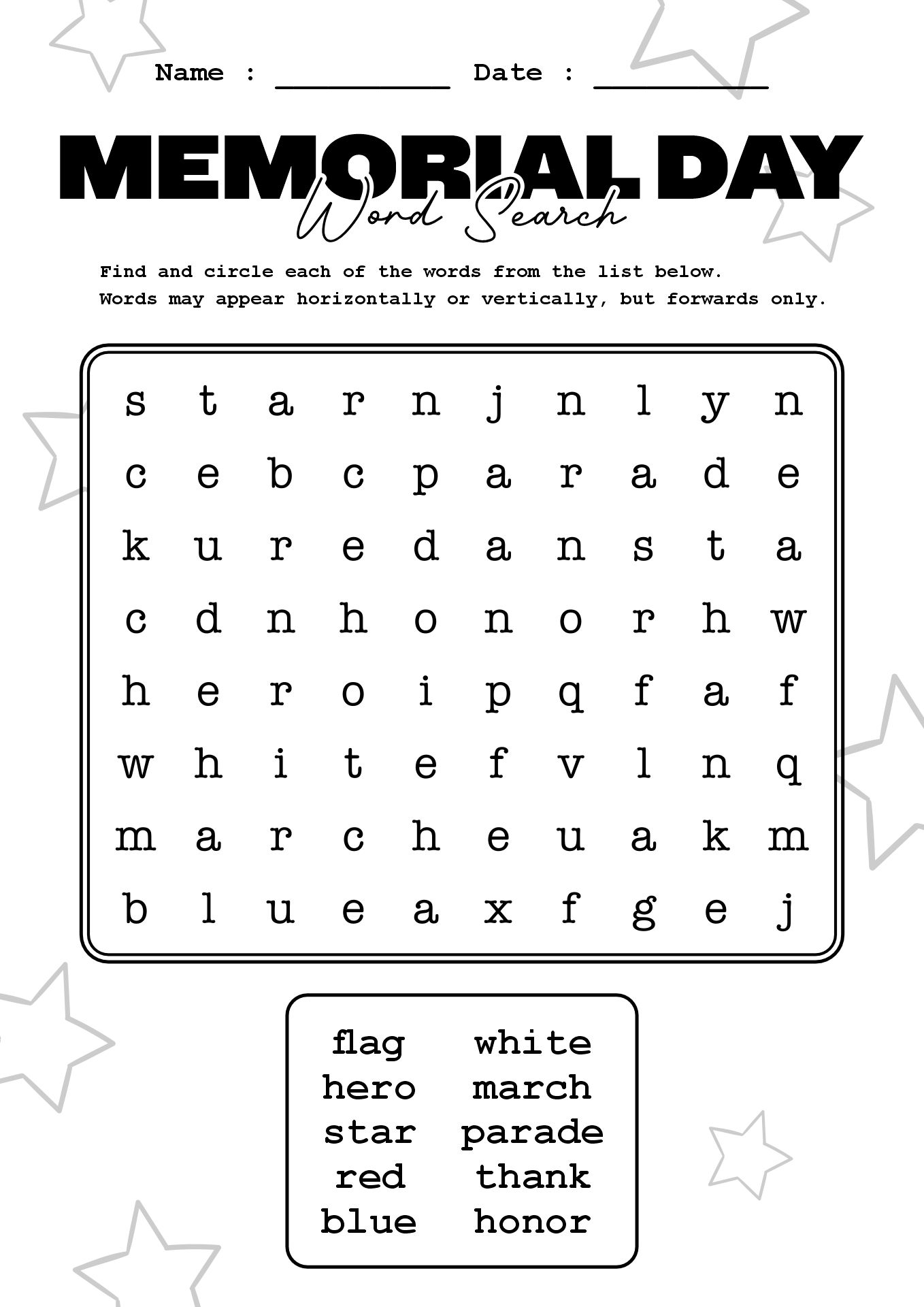 Memorial Day Word Search for Young Learners