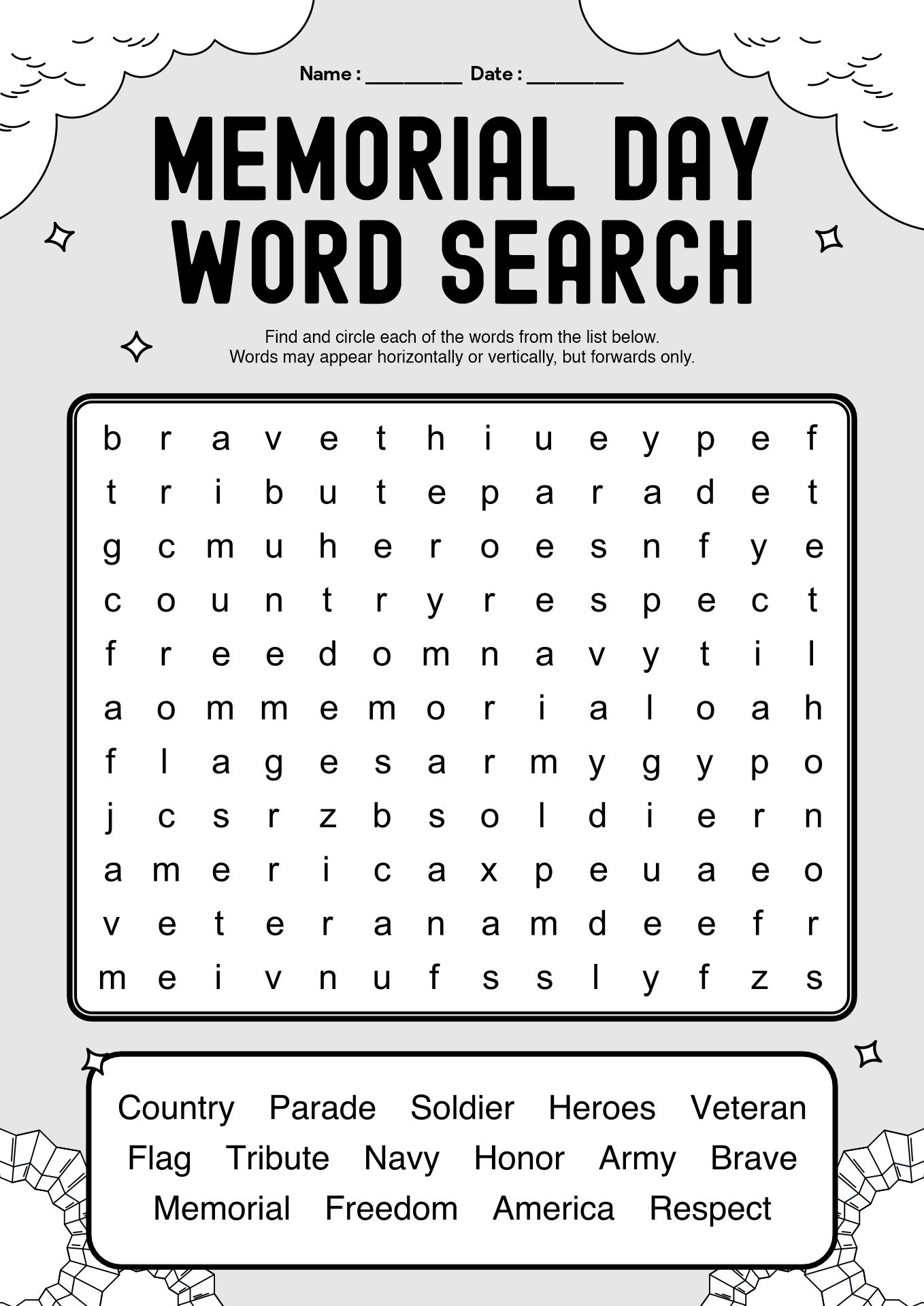 Memorial Day Word Search Puzzles for Elementary Students