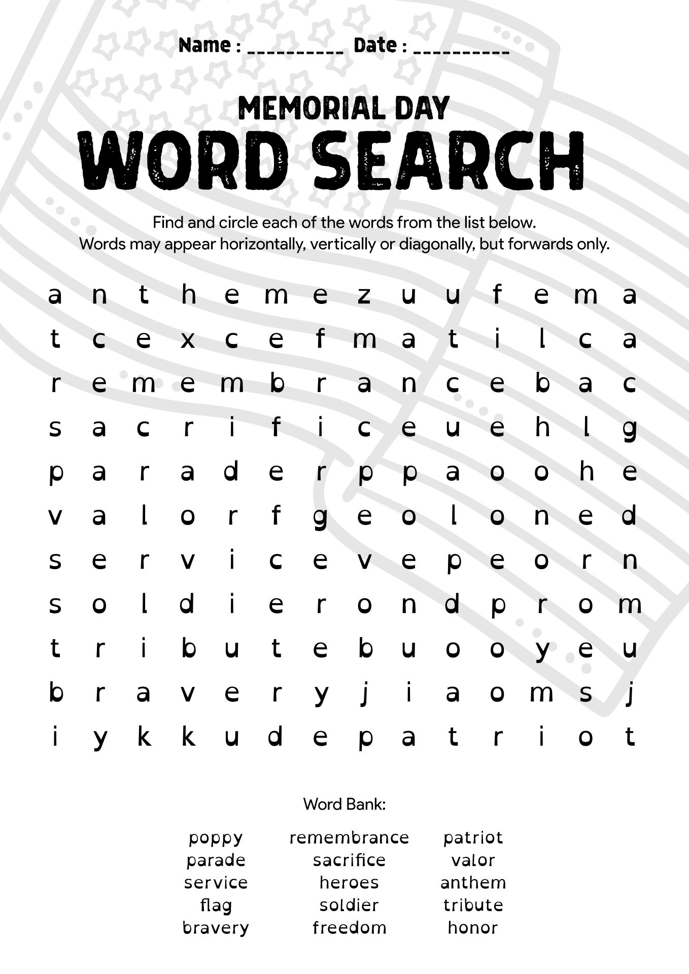 Memorial Day Word Search Worksheets