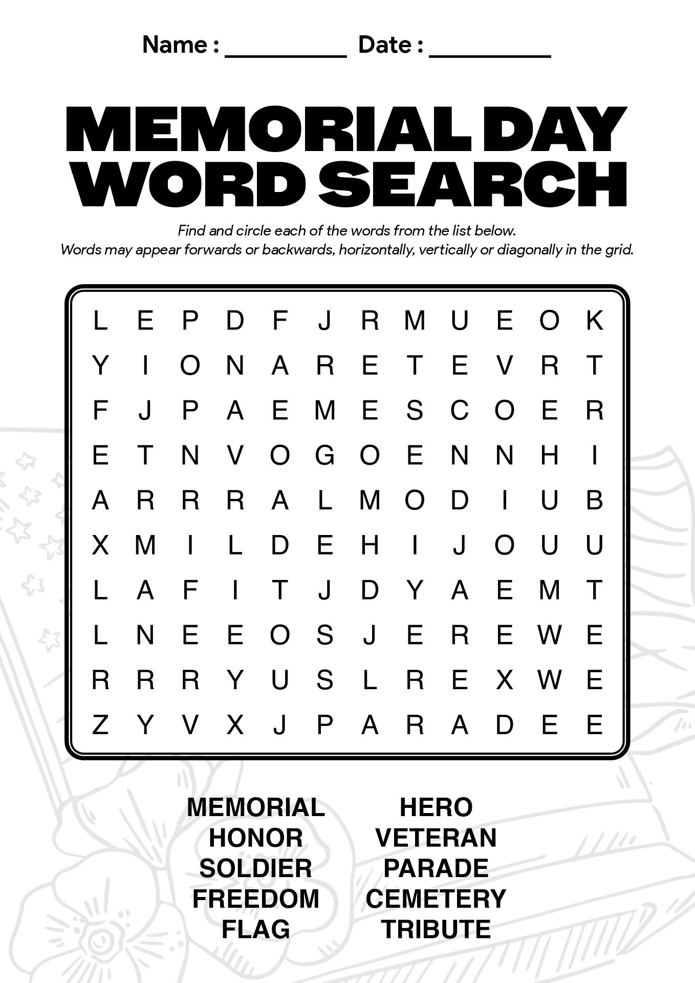 Memorial Day Word Search Worksheets