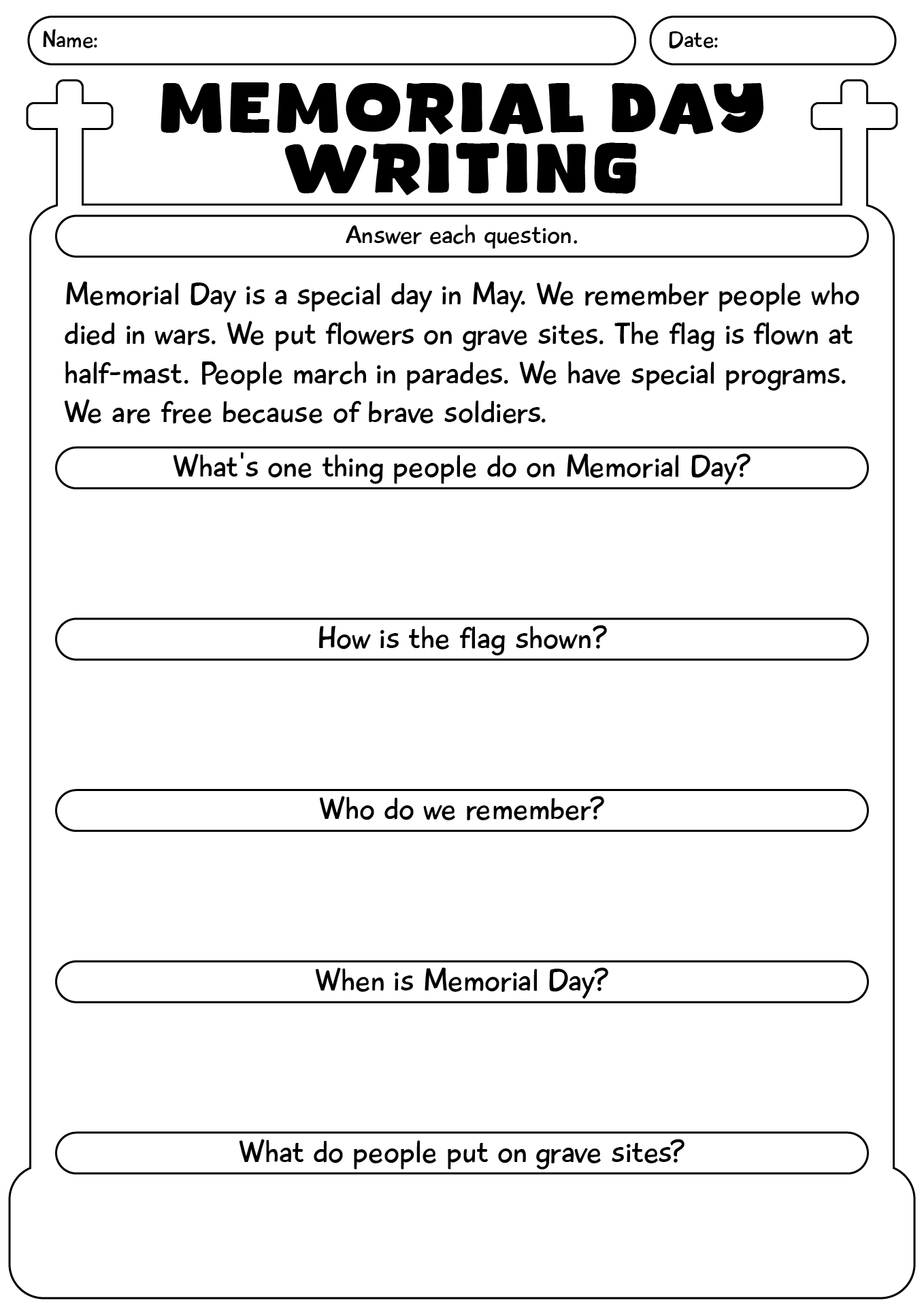 Memorial Day Writing Comprehension Worksheet