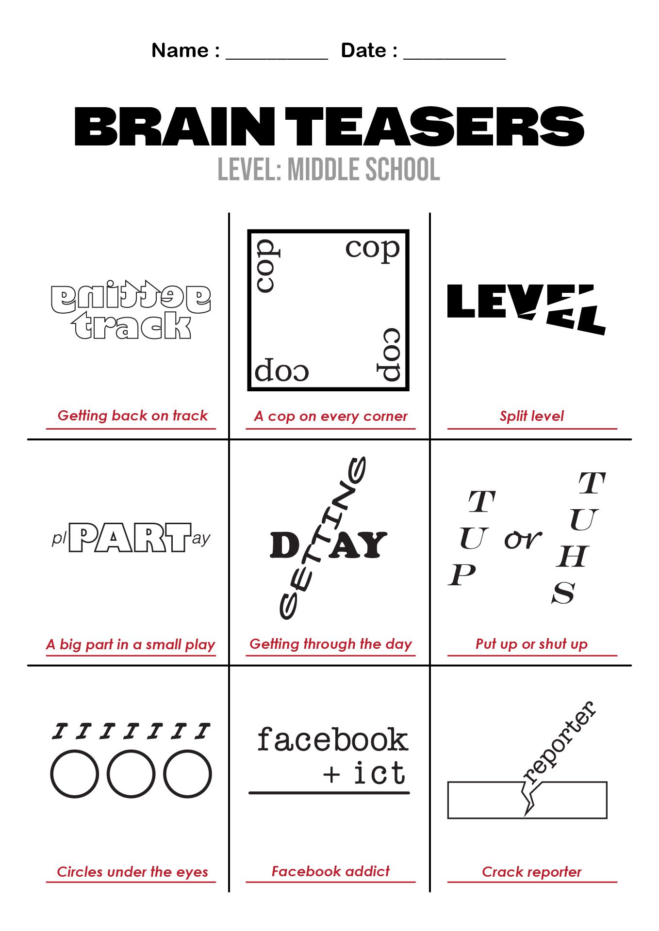 Middle School Brain Teasers Worksheets and Answers