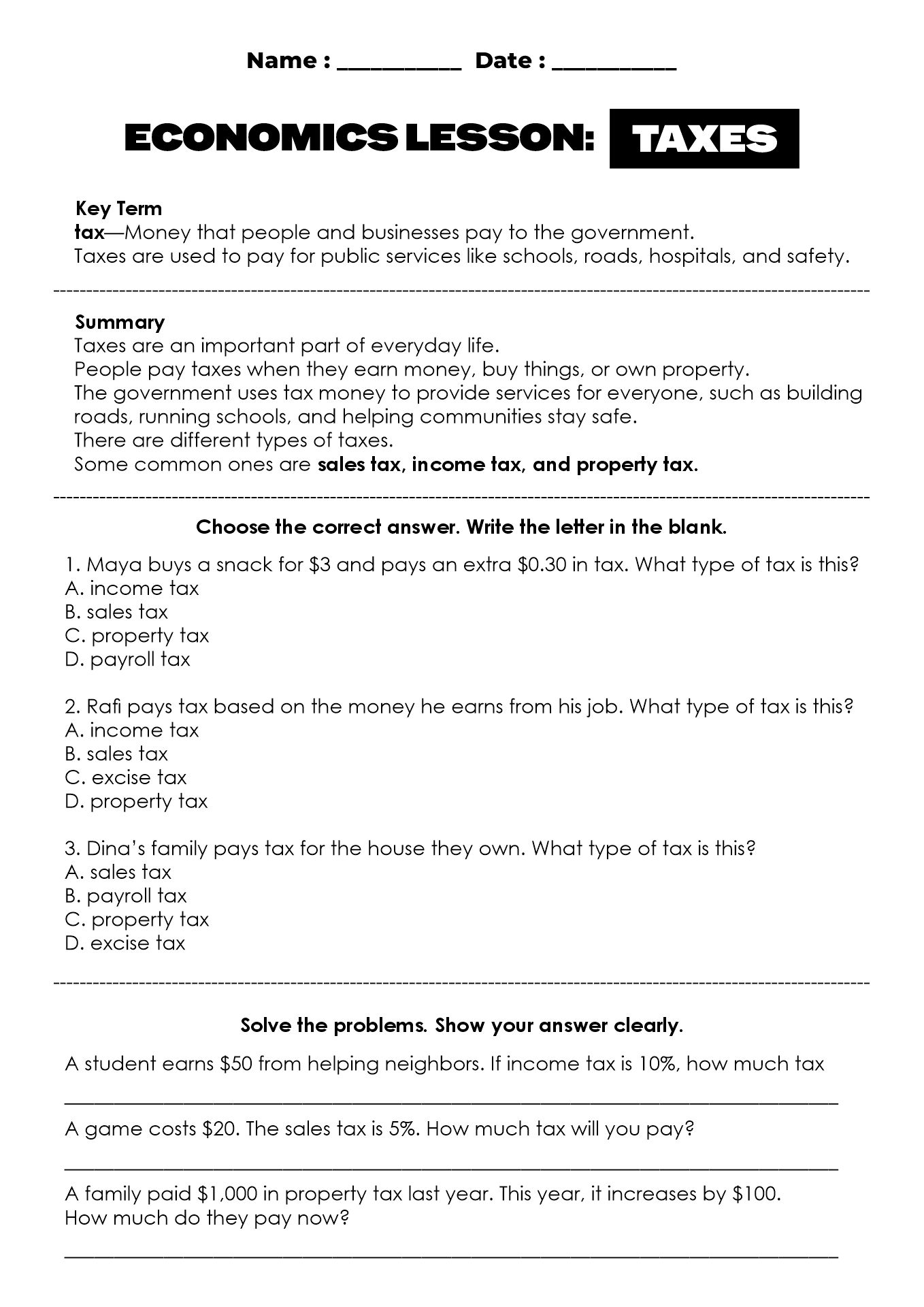 Middle School Economics Lesson on Taxes