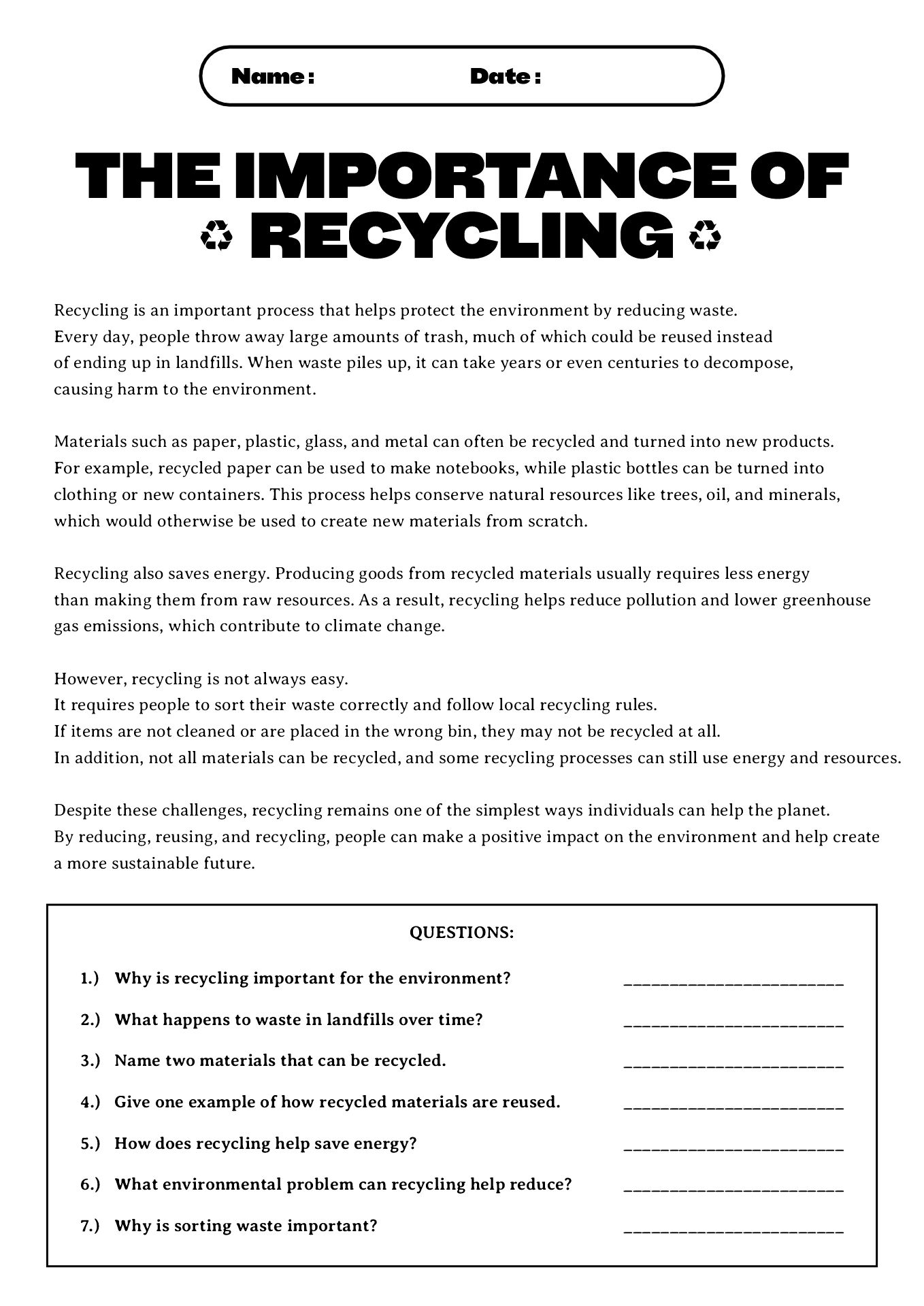 Middle School Reading Comprehension Worksheets