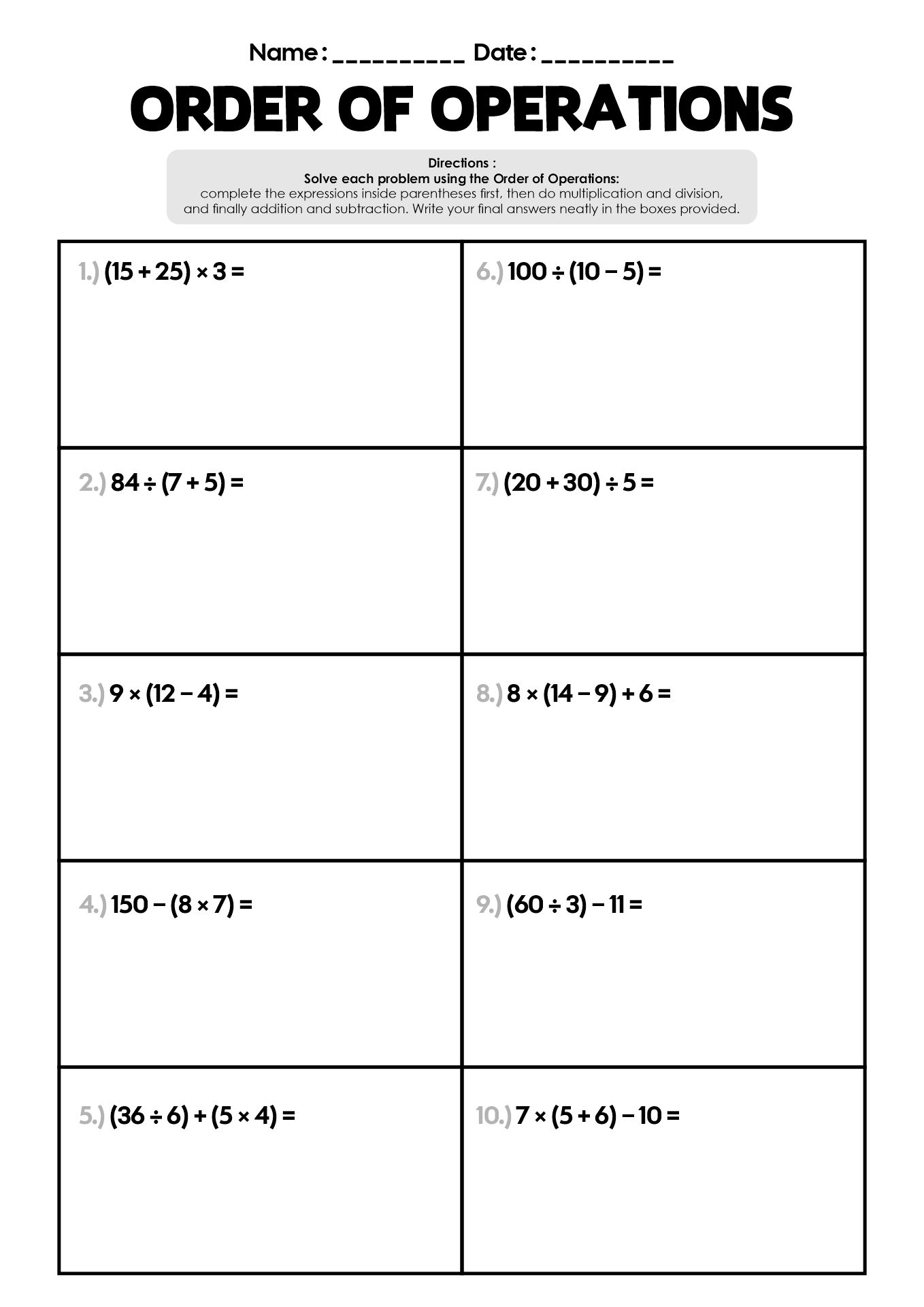 Mixed Operations Math Worksheets for 5th Grade