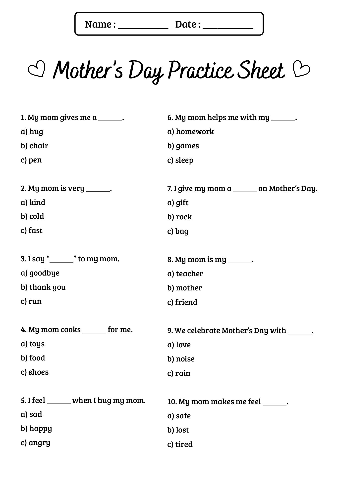 Mothers Day 2nd Grade Practice Sheet