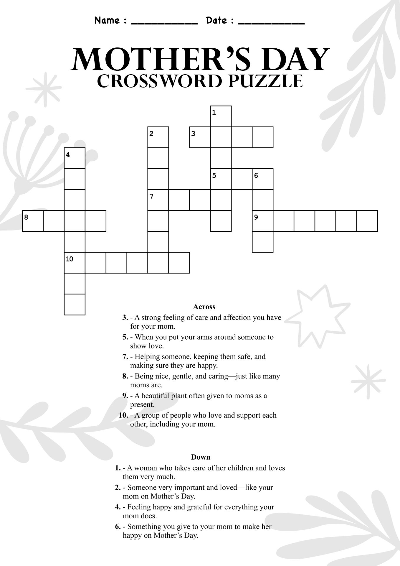 Mothers Day Crossword Puzzles for Middle School