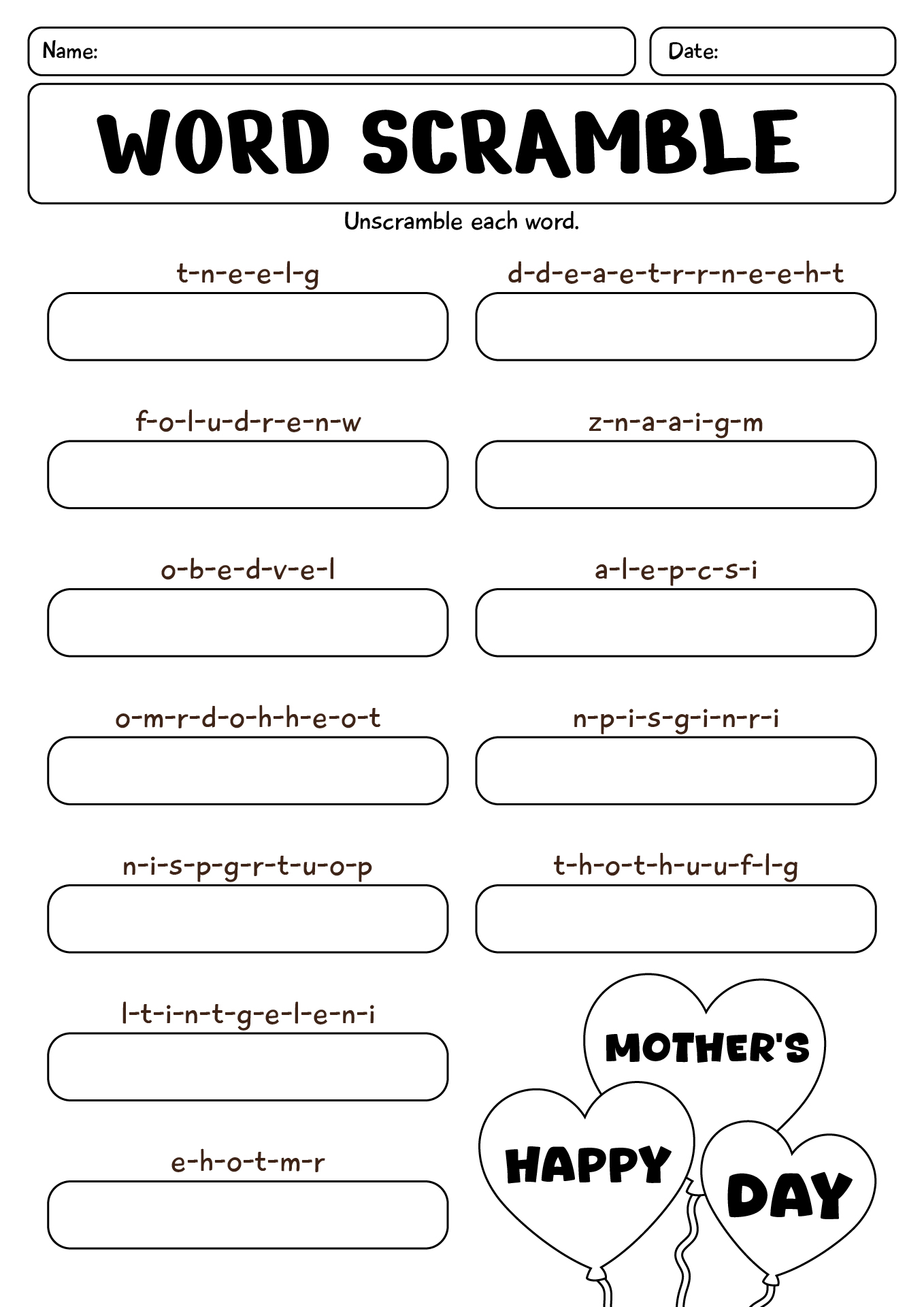 Mothers Day ESL Unscramble The Words Worksheet