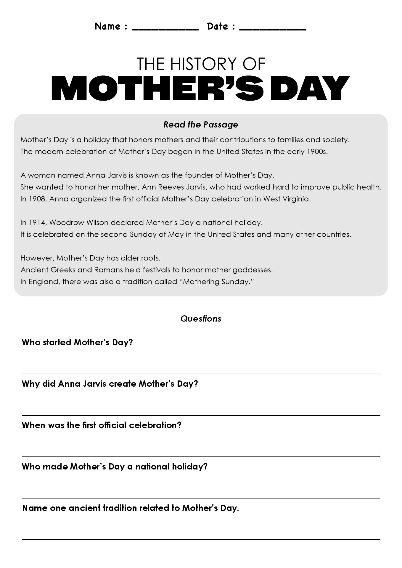 Mothers Day History Worksheets for Students