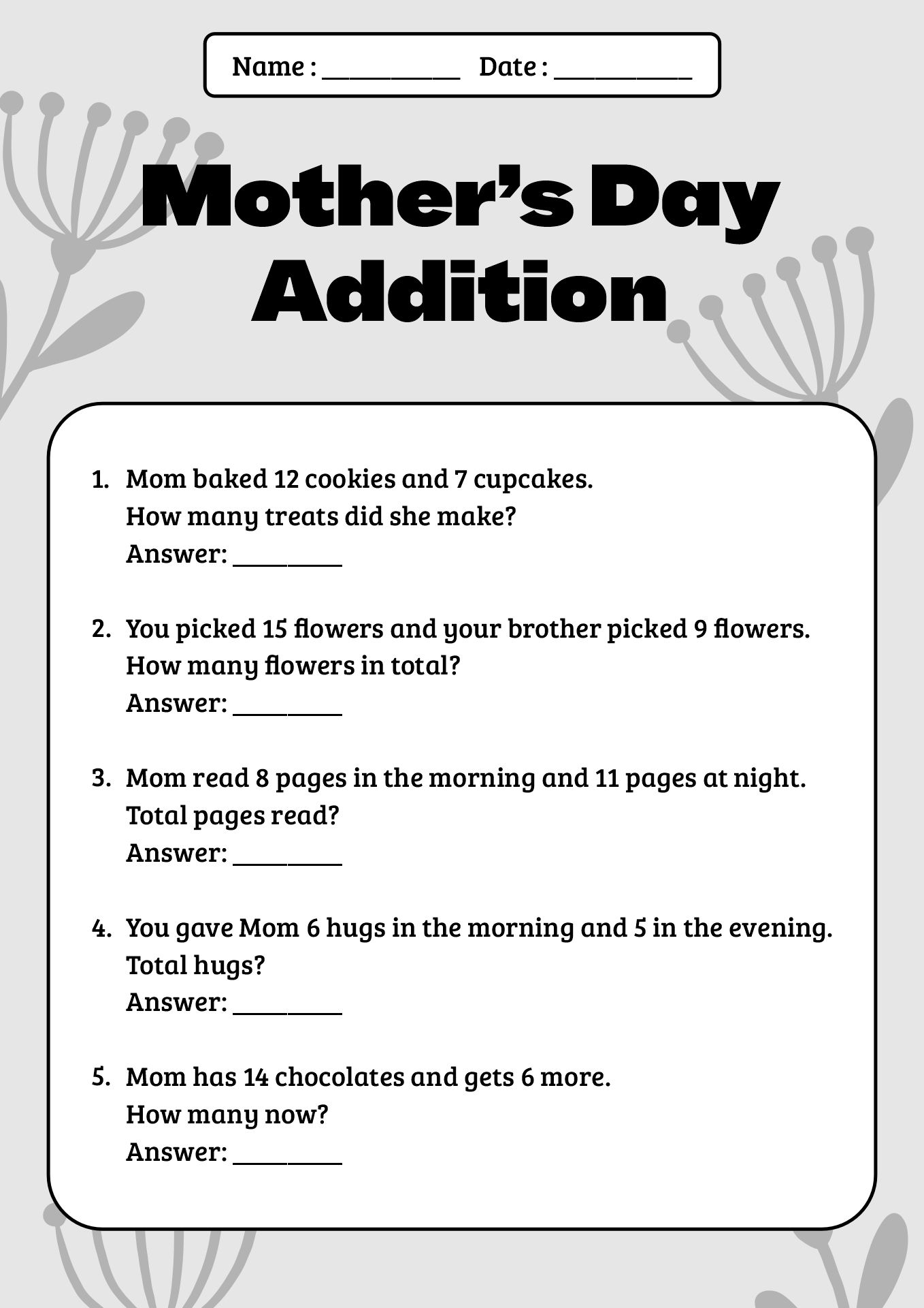 Mothers Day Math Worksheet