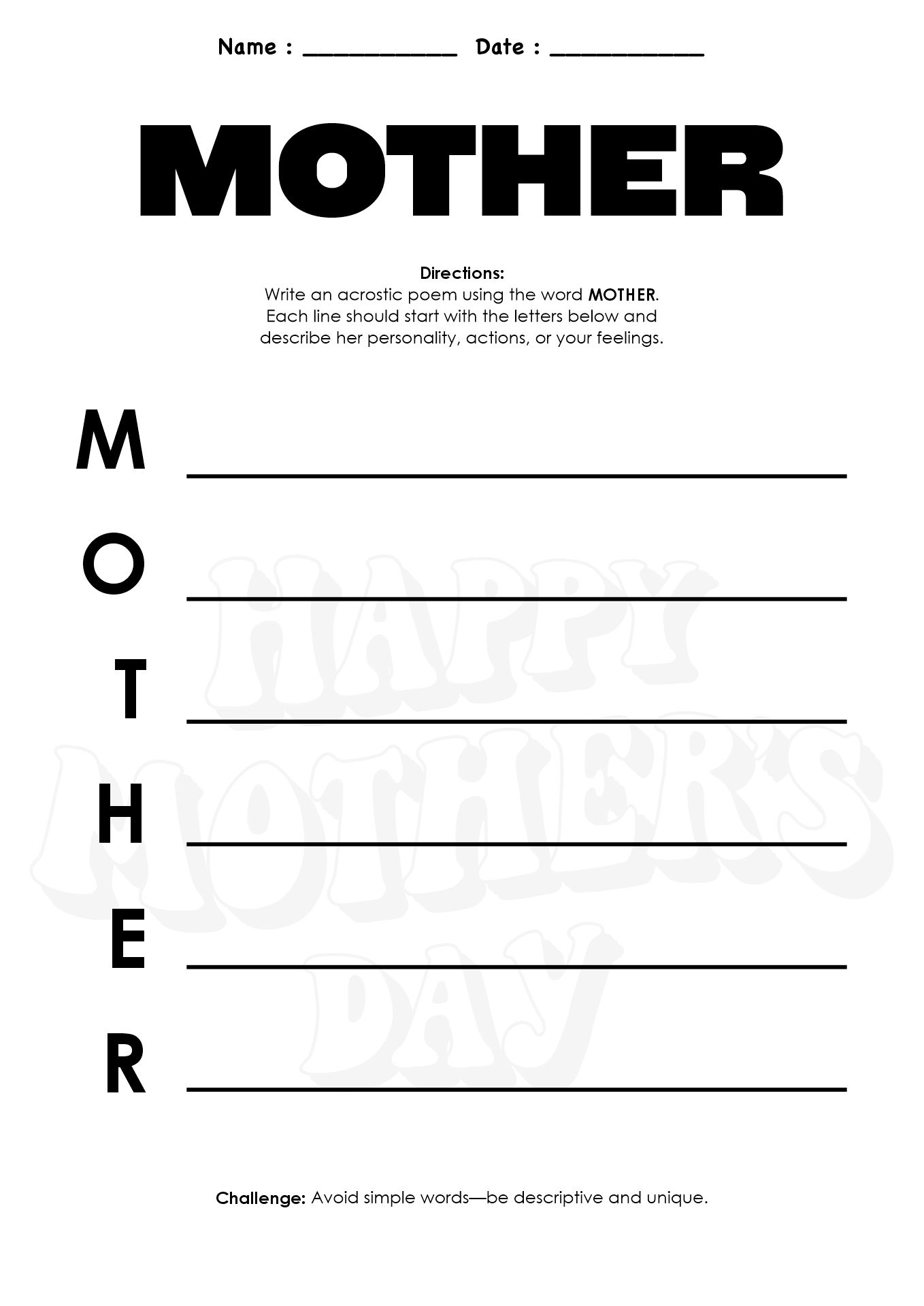Mothers Day Poetry Writing Worksheets for High School