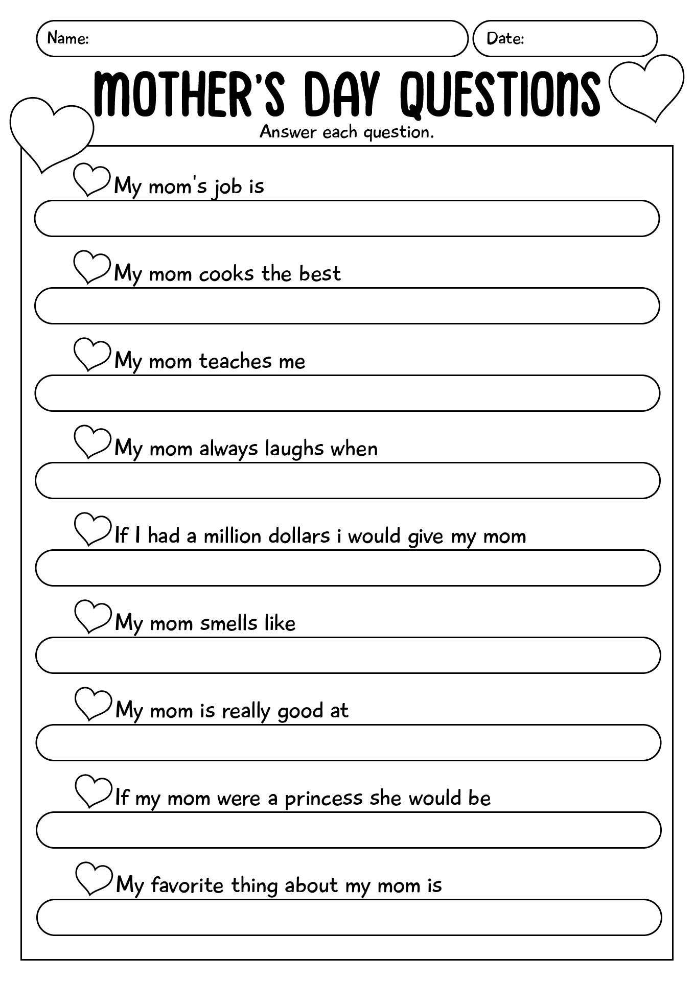 Mothers Day Questionnaire Worksheet