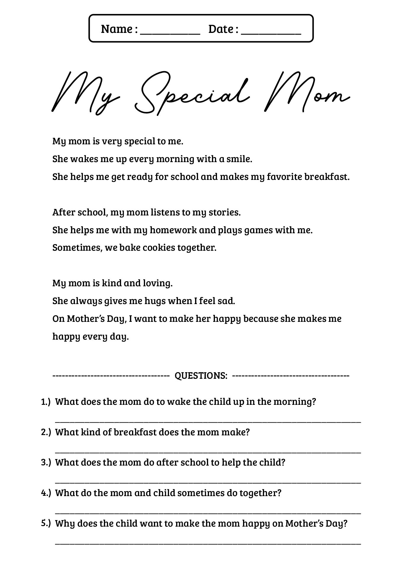 Mothers Day Reading Comprehension Worksheet Grade 2