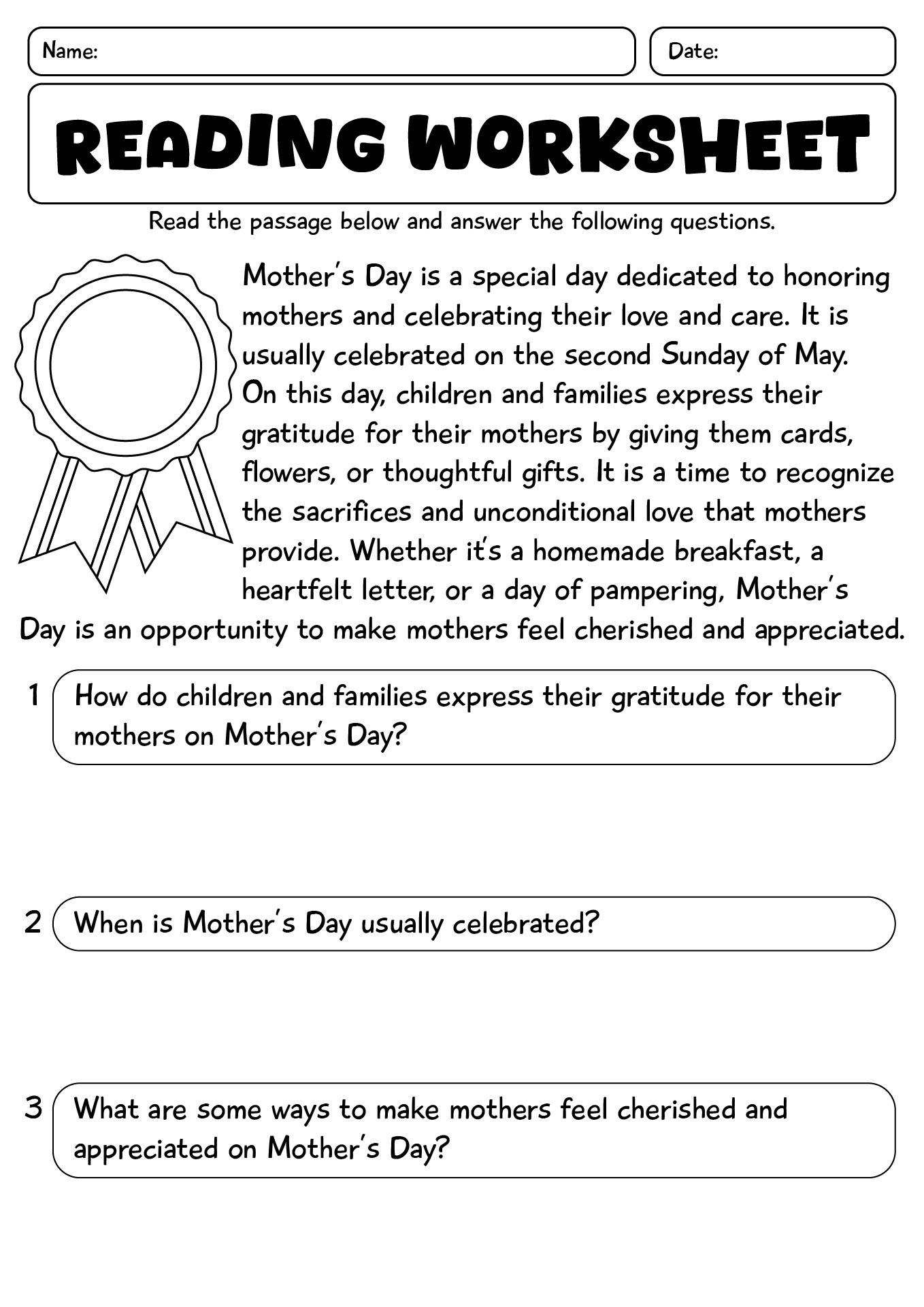 Mothers Day Reading Worksheet