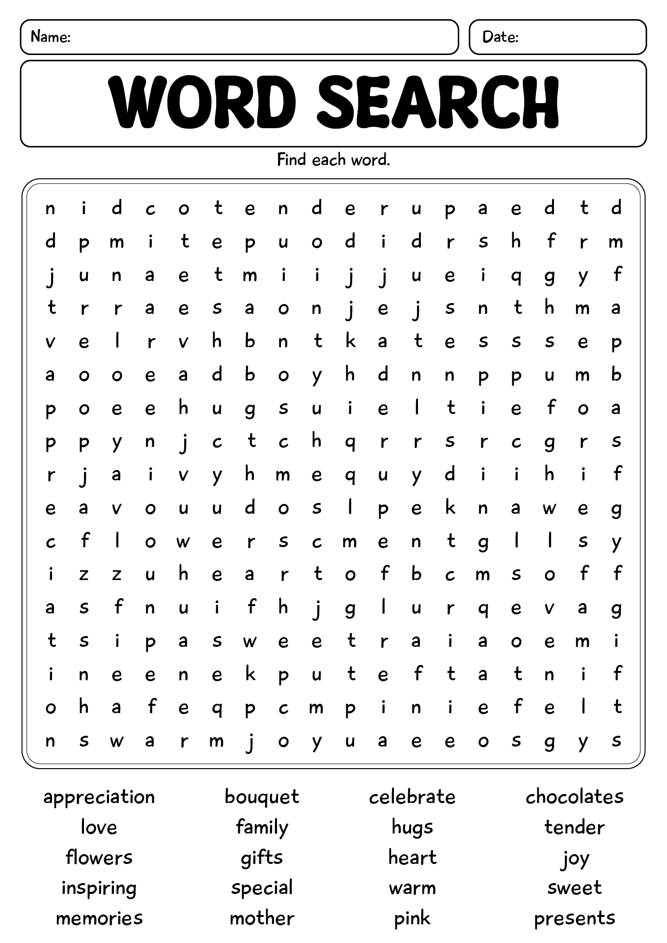 Mothers Day Word Search Worksheet