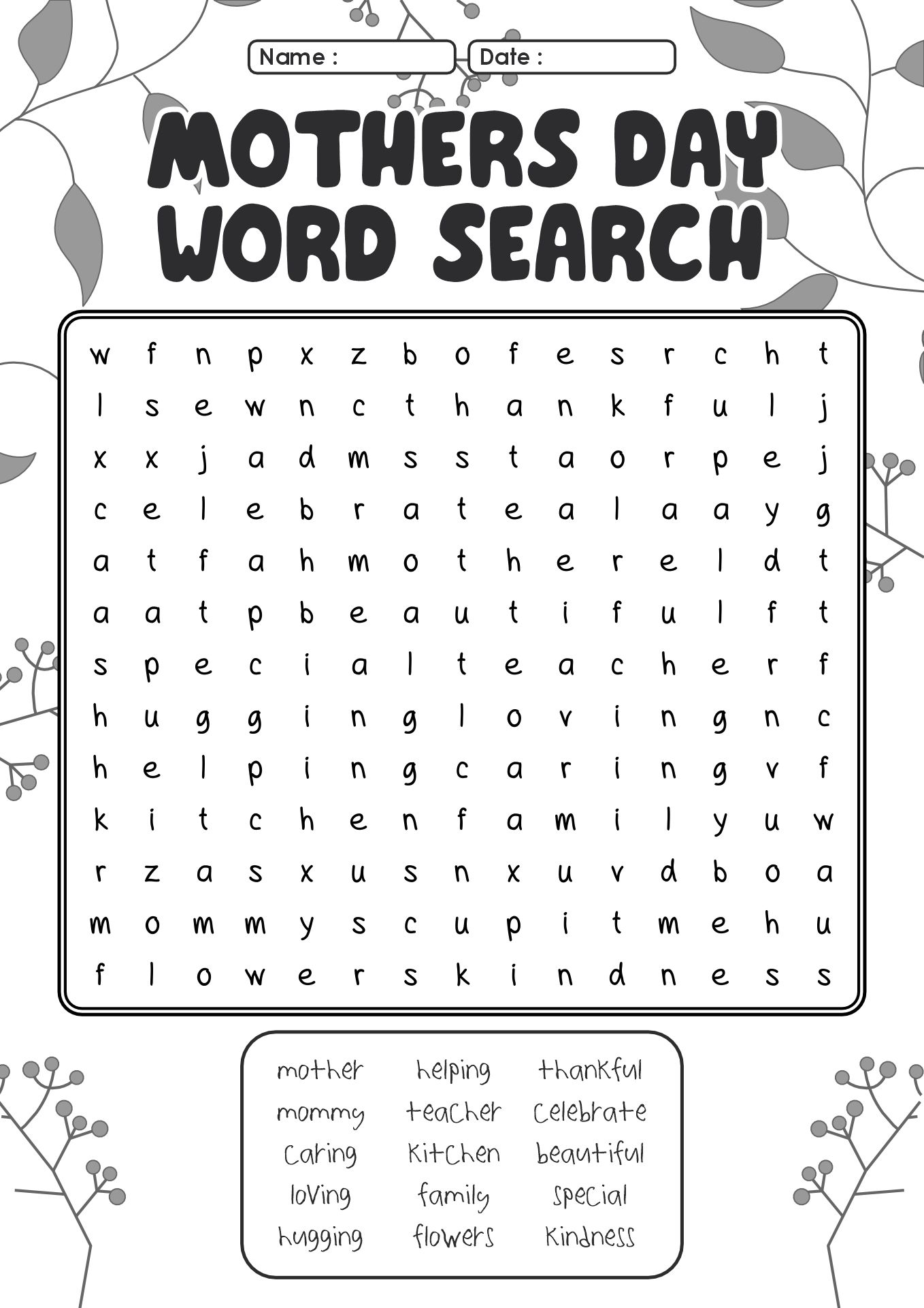 Mothers Day Word Search Worksheet
