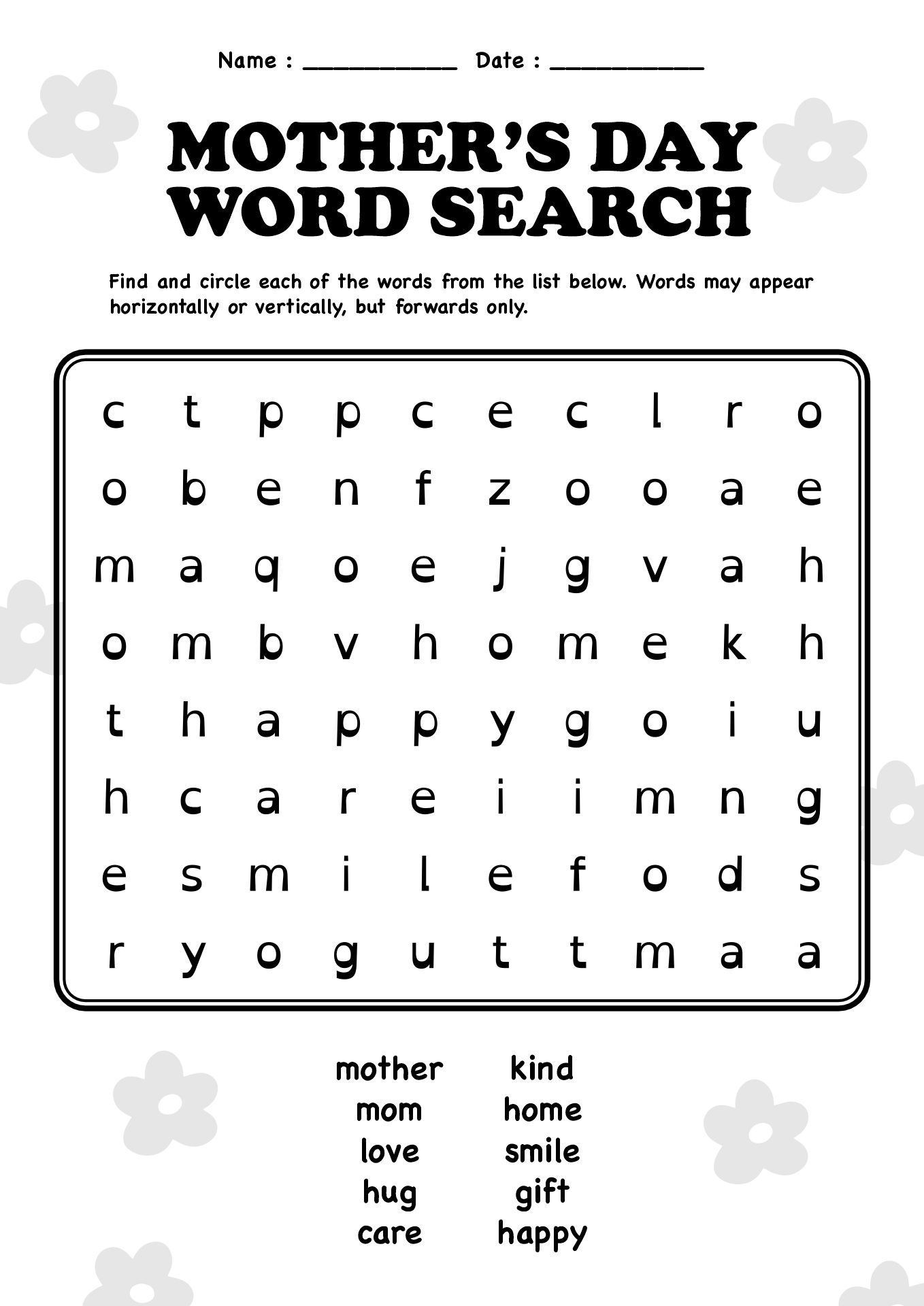 Mothers Day Word Search Worksheets for Children