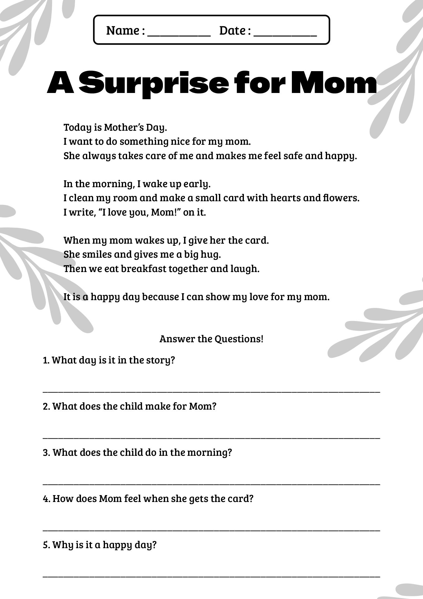 Mothers Day Worksheet Reading for 2nd Grade