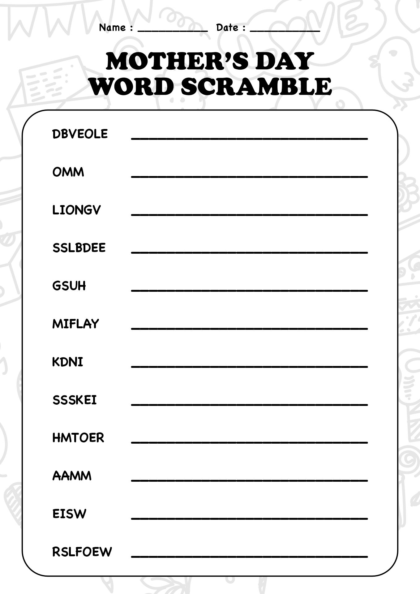 Mothers Day Worksheets for Grade School