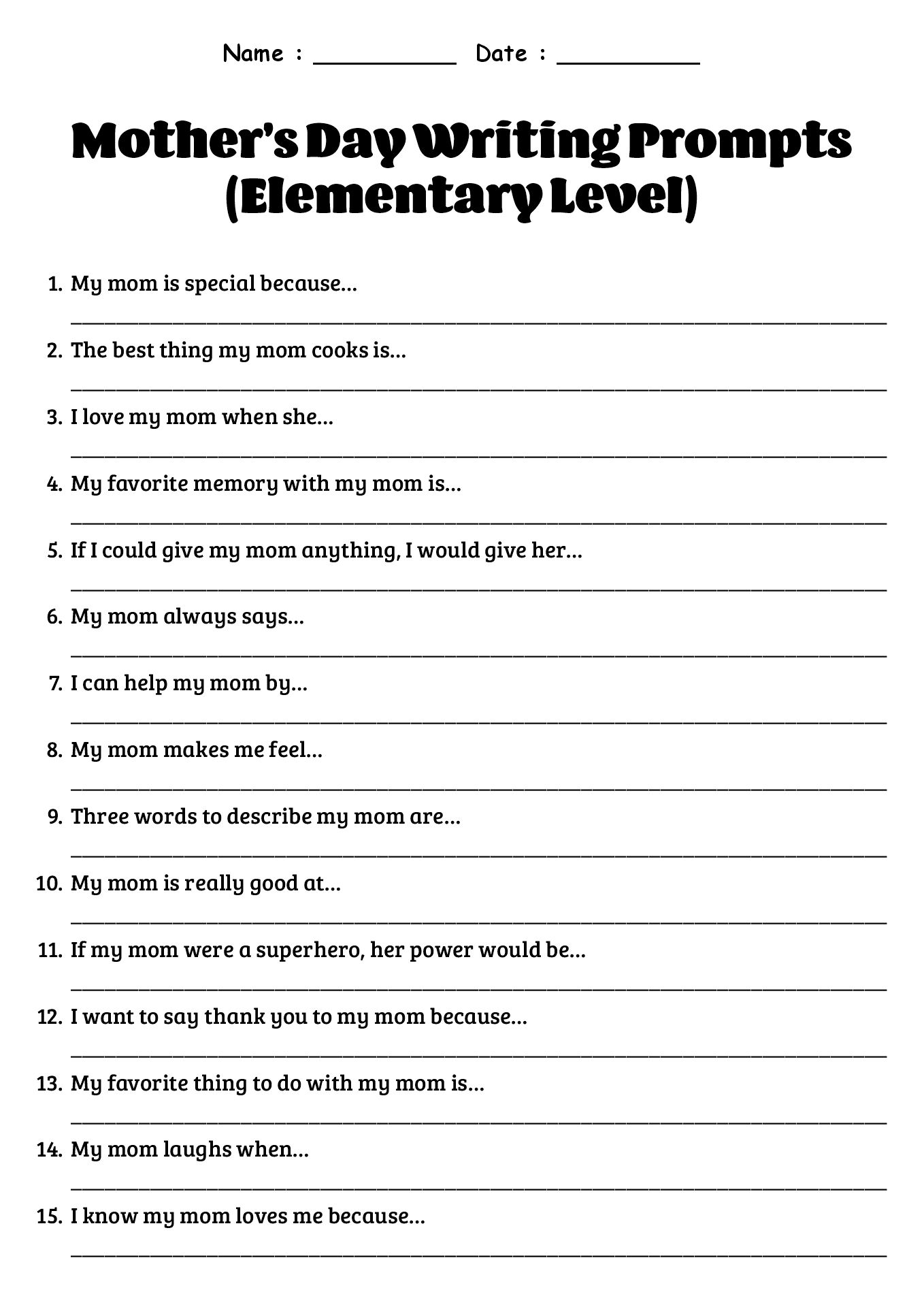 Mothers Day Writing Prompts for Elementary Worksheets