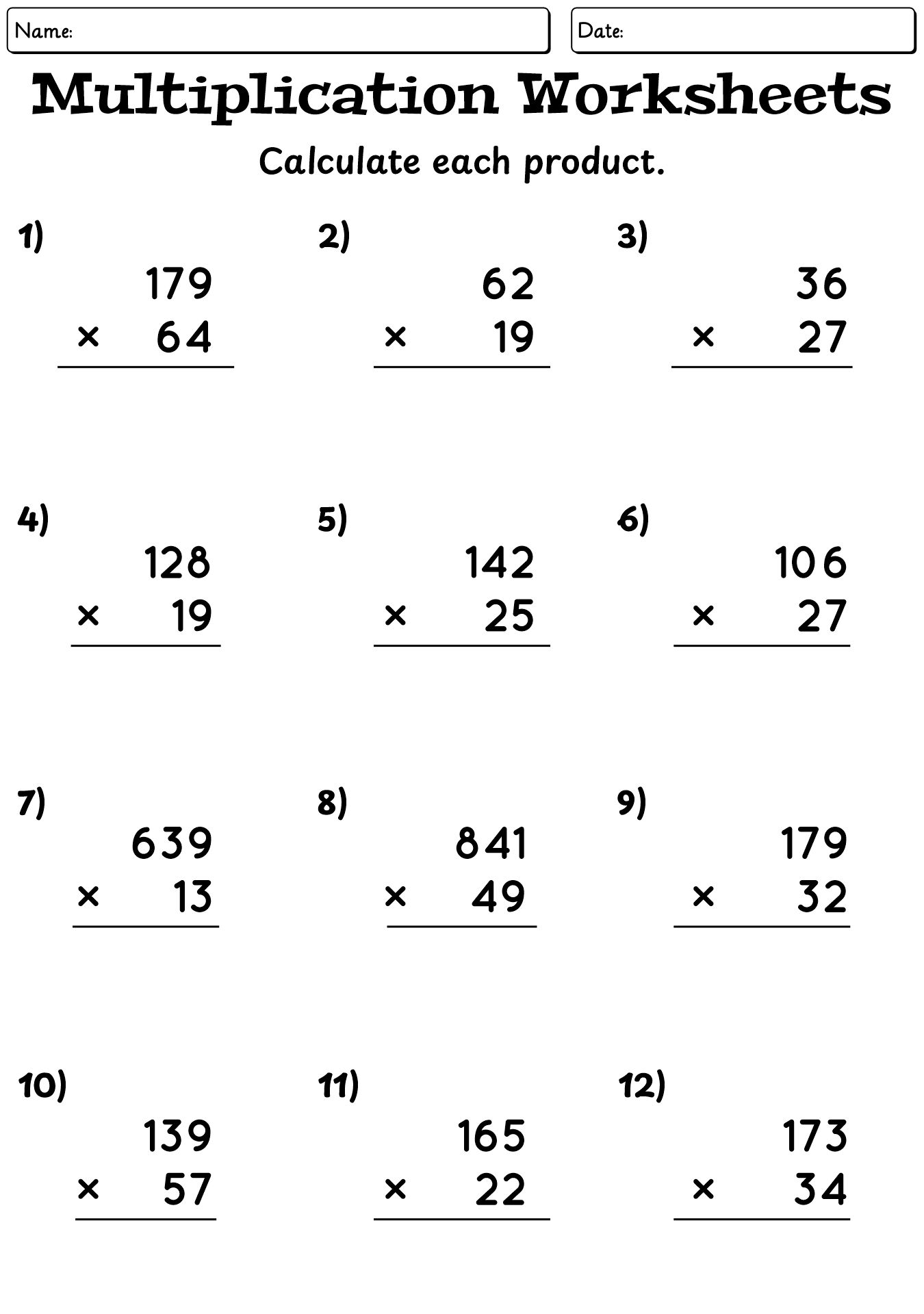 Multiplication Worksheets for 5th Graders