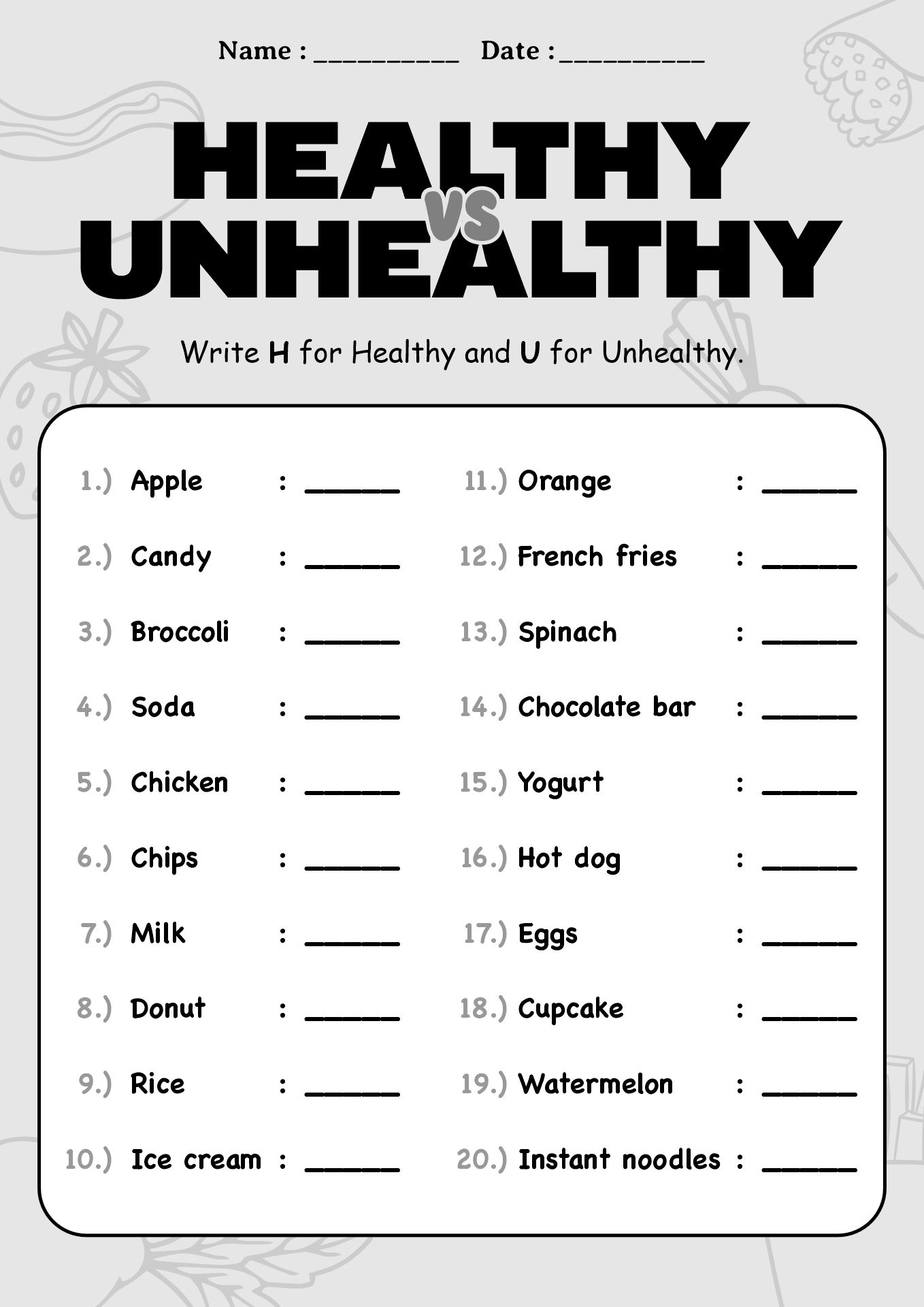 Nutrition Worksheets for Elementary Students