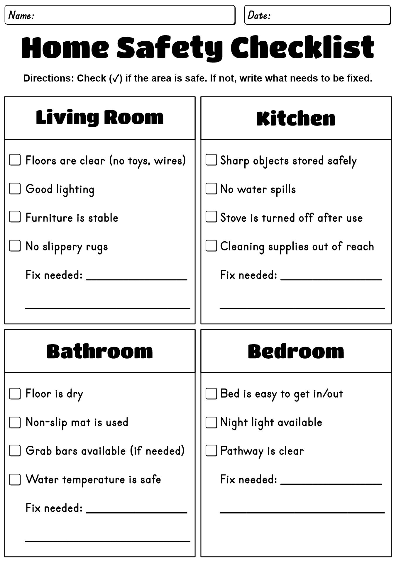 Occupational Therapy Home Safety Planning Worksheets