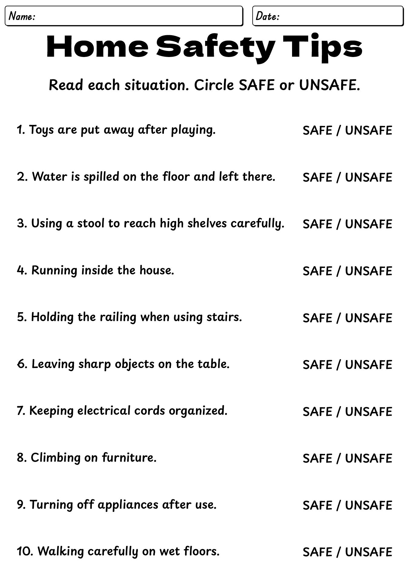Occupational Therapy Home Safety Tips Worksheets