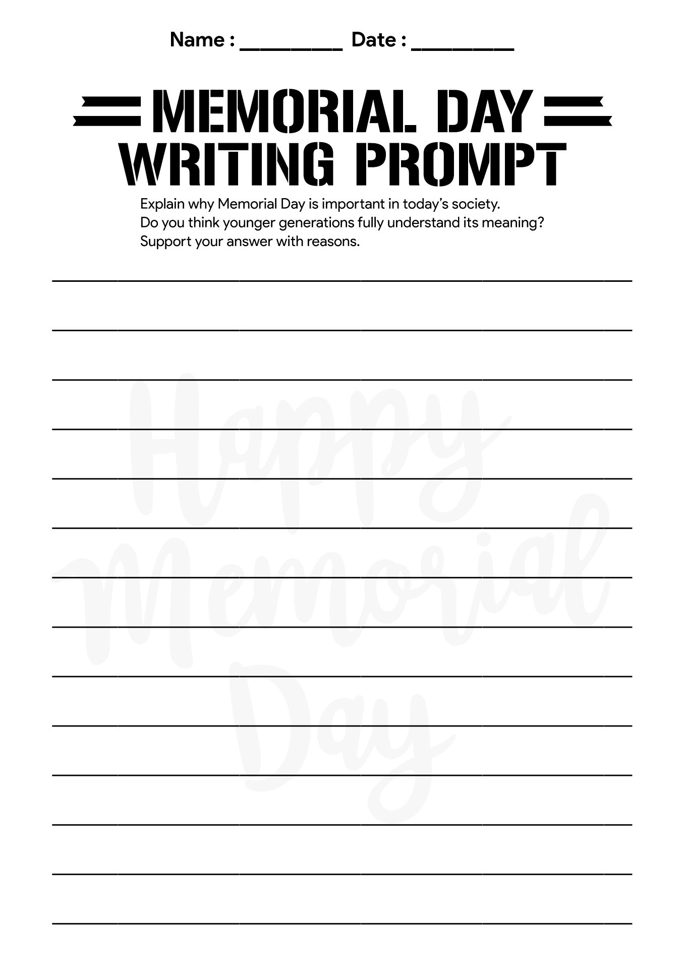Patriotic Memorial Day Writing Prompts for High School