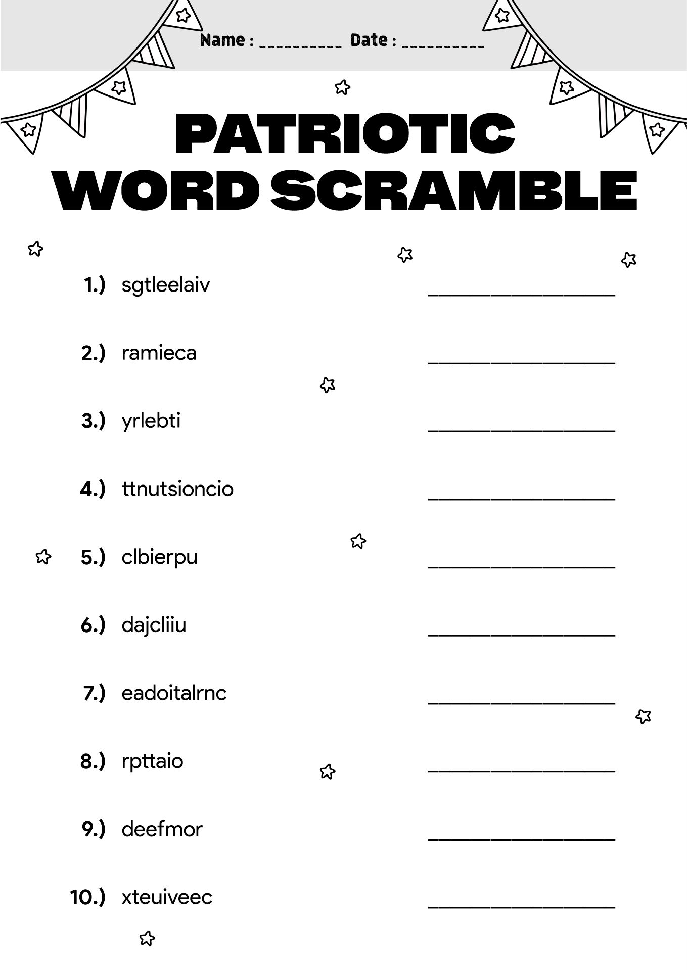 Patriotic Words Printable Worksheet