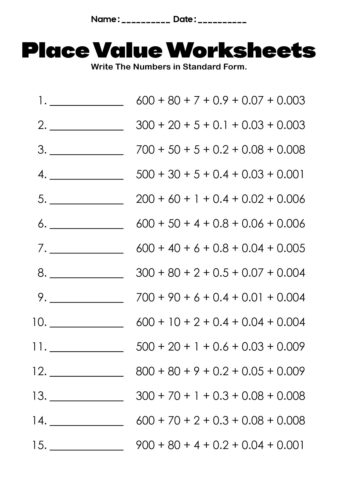 Place Value Worksheets for 5th Graders