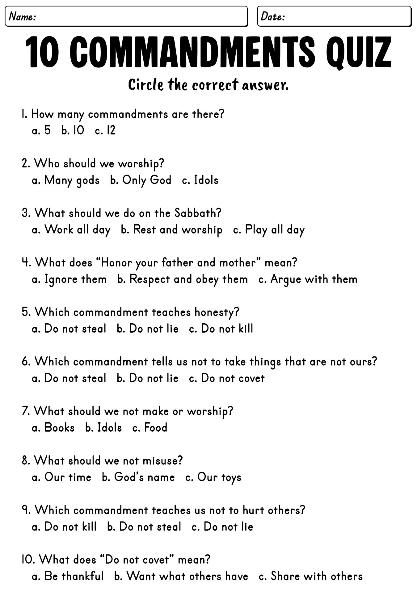 Printable 10 Commandments Quiz Worksheet