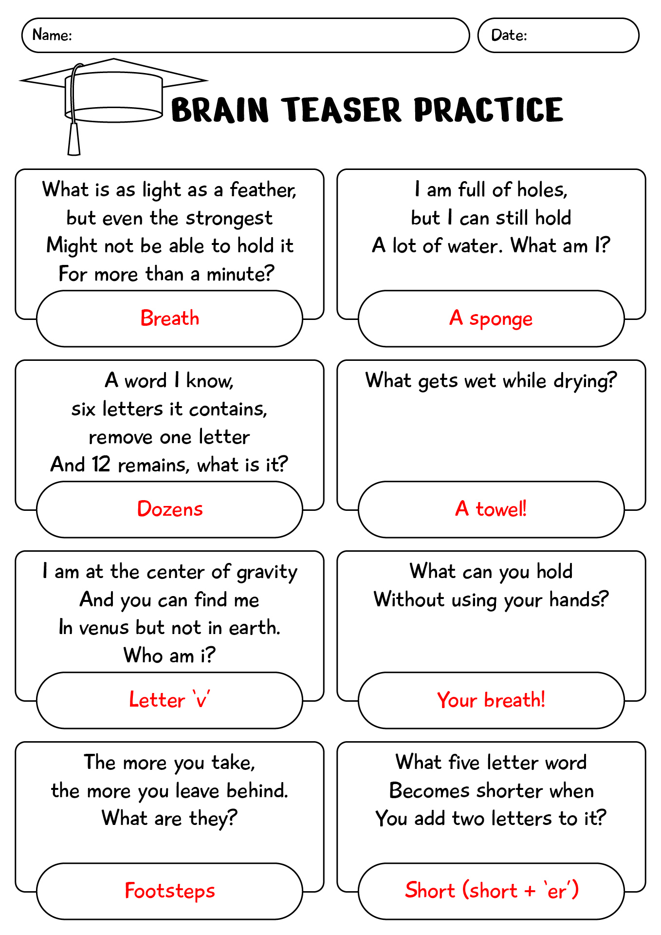 Printable Brain Teasers Practice With Answer