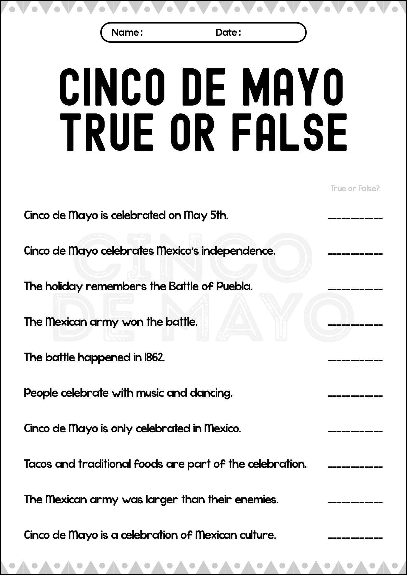 Printable Cinco de Mayo Story Worksheets