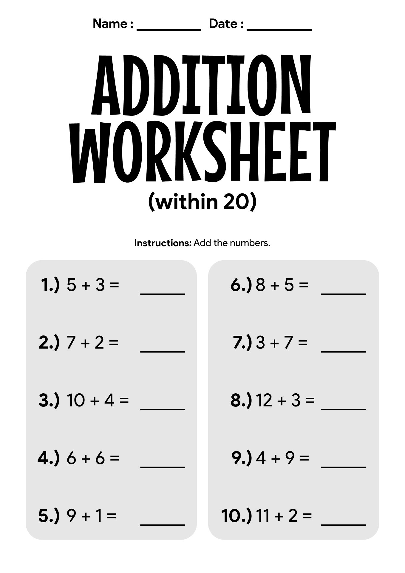 Printable Math Worksheets for 1st Graders