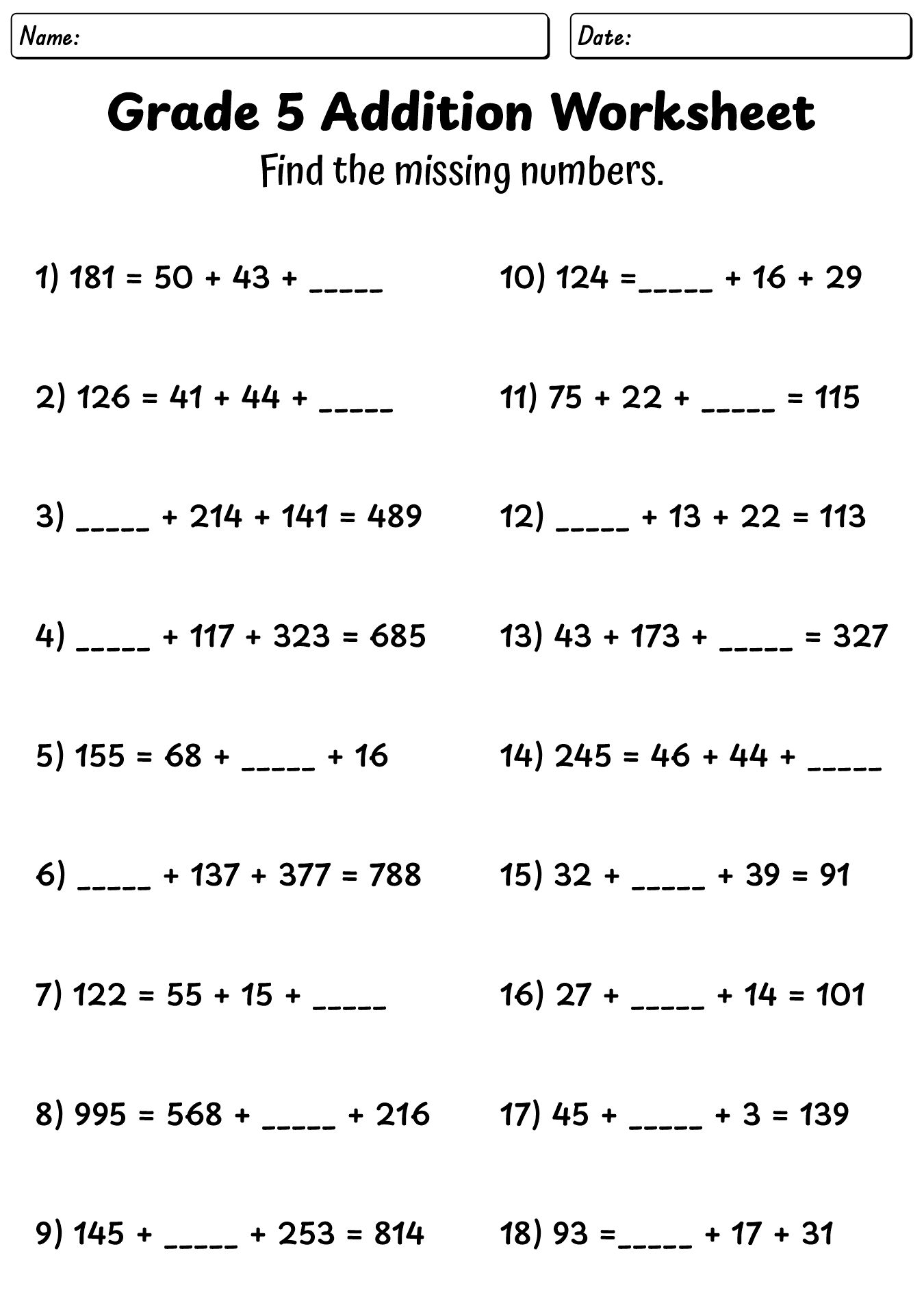 Printable Math Worksheets for 5th Grade