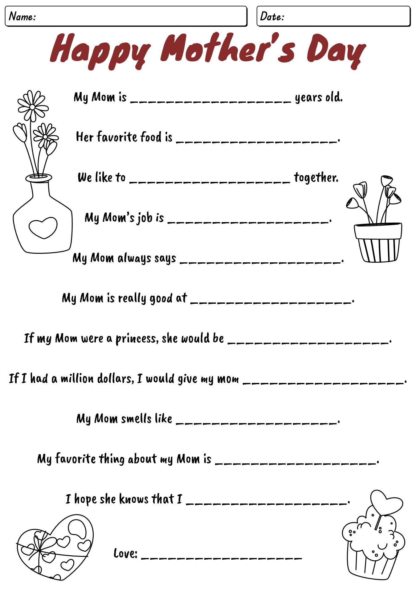 Printable Mothers Day Questionnaire Worksheet