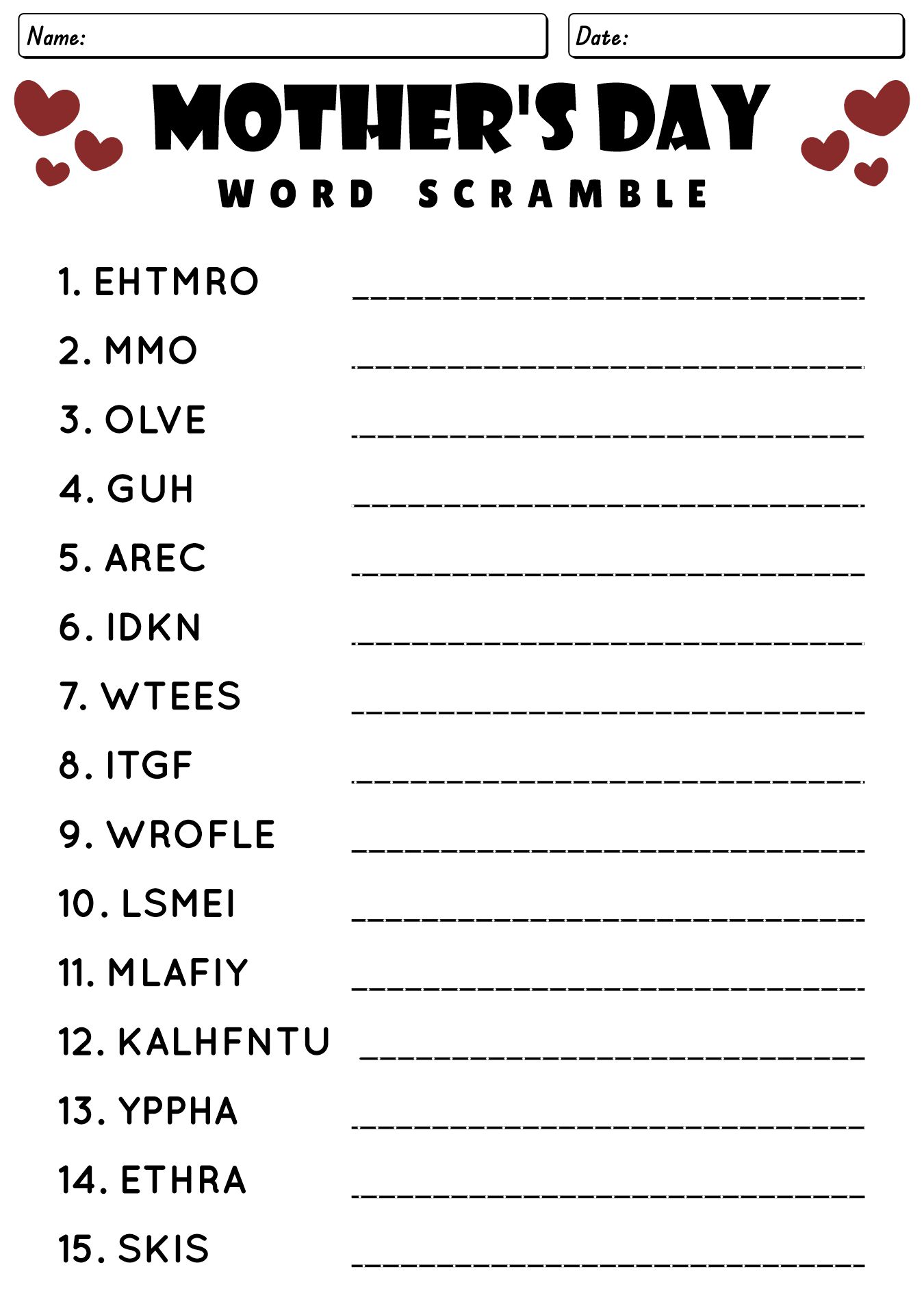 Printable Mothers Day Games Worksheet