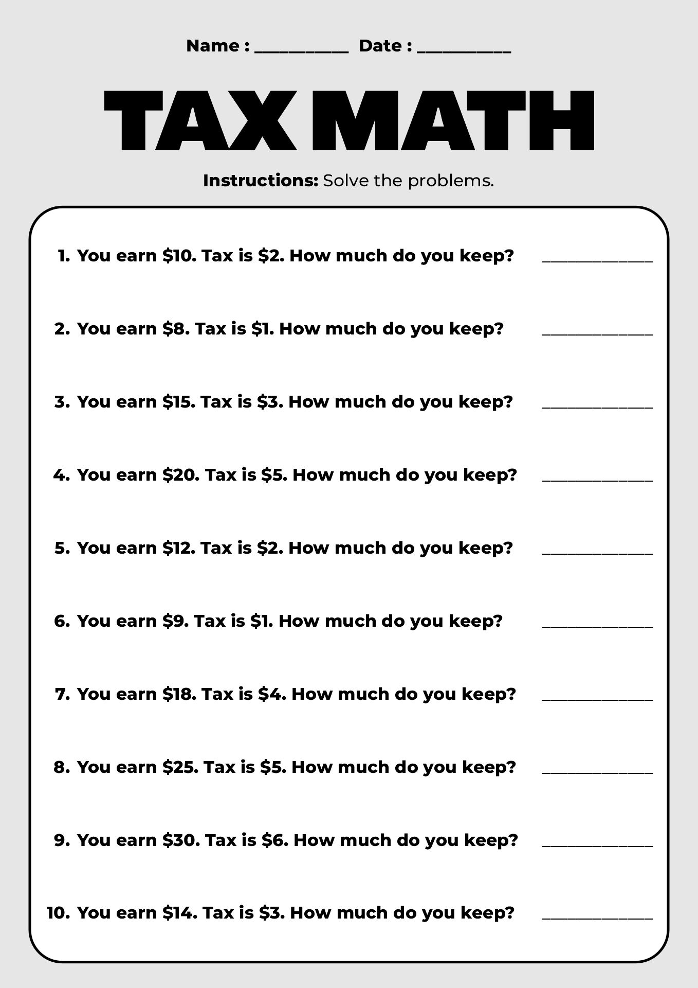 Printable Tax Day Activities for Elementary Students