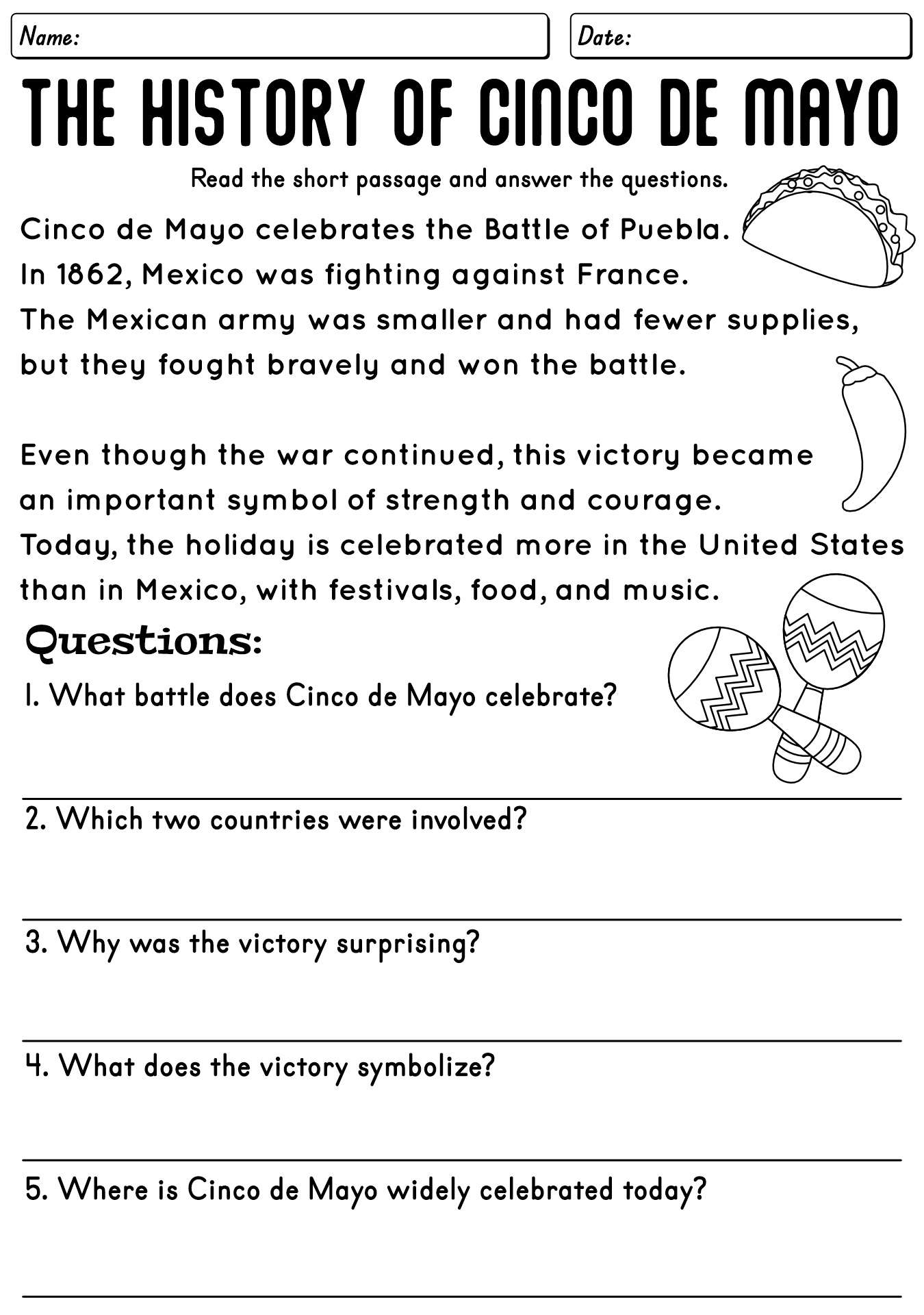 Reading Comprehension Cinco De Mayo Worksheets