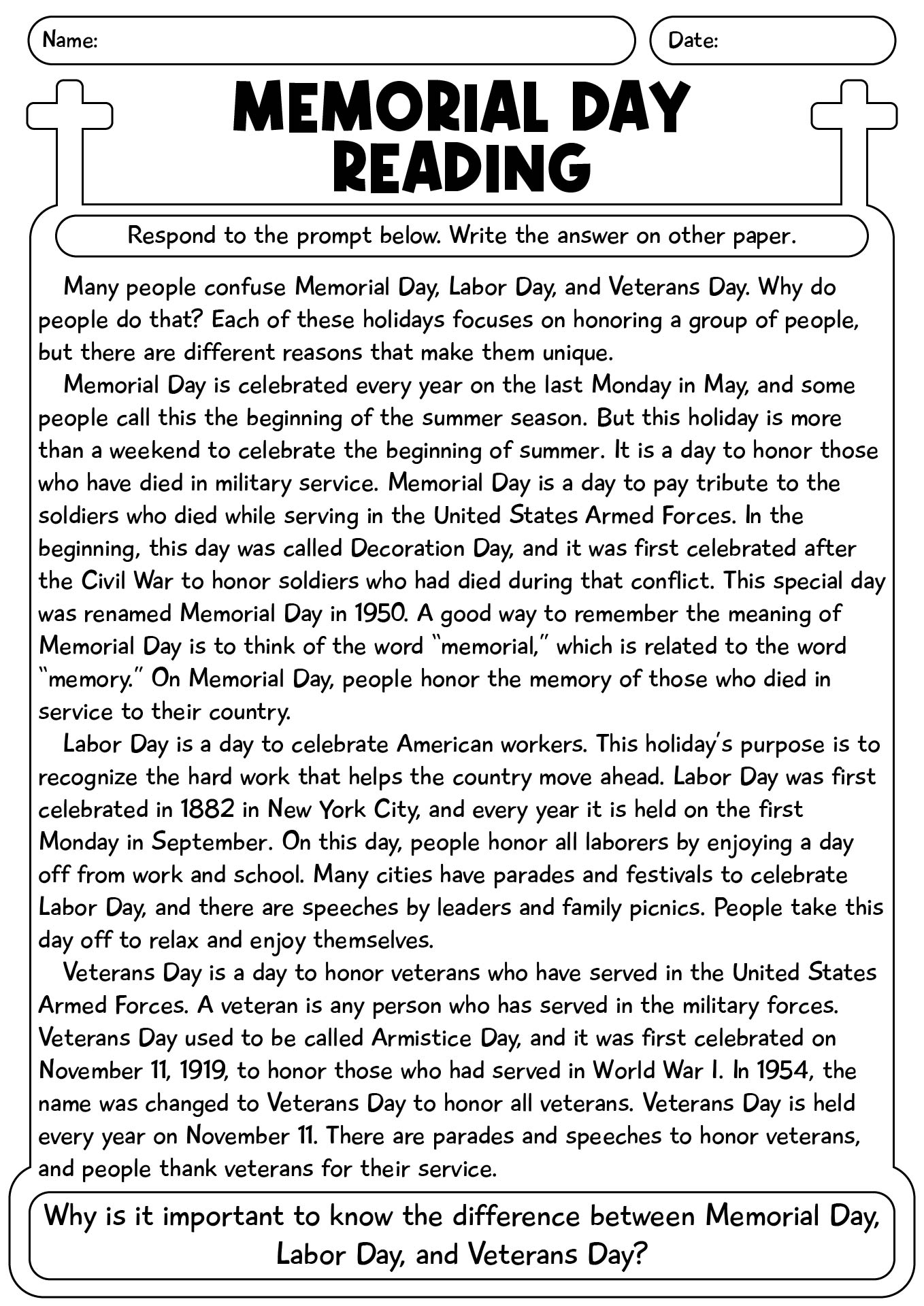Reading Comprehension Memorial Day Worksheet