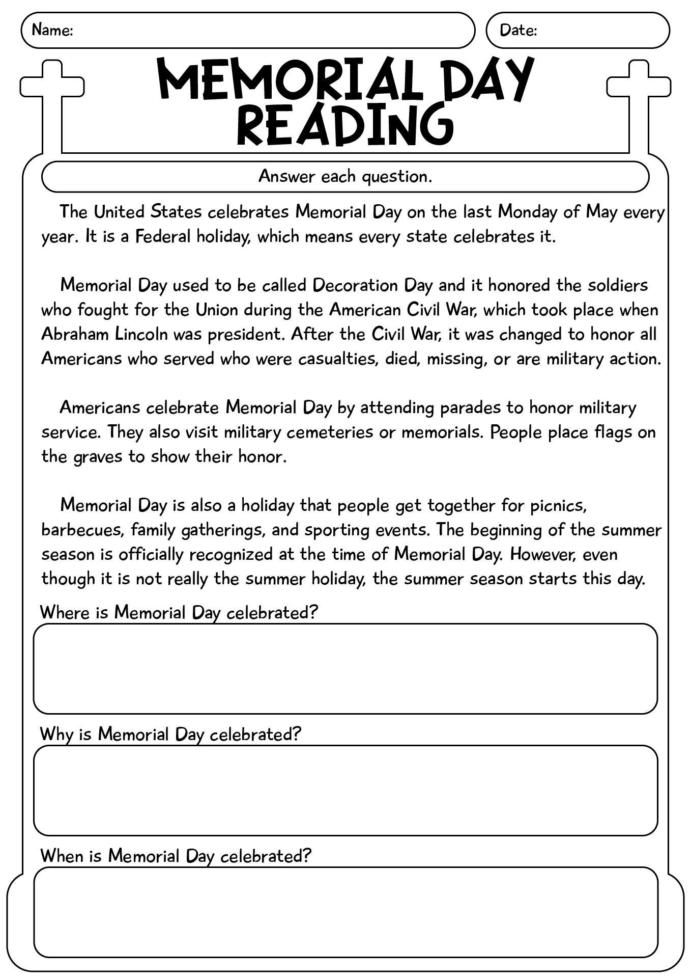 Reading Comprehension Worksheet About Memorial Day