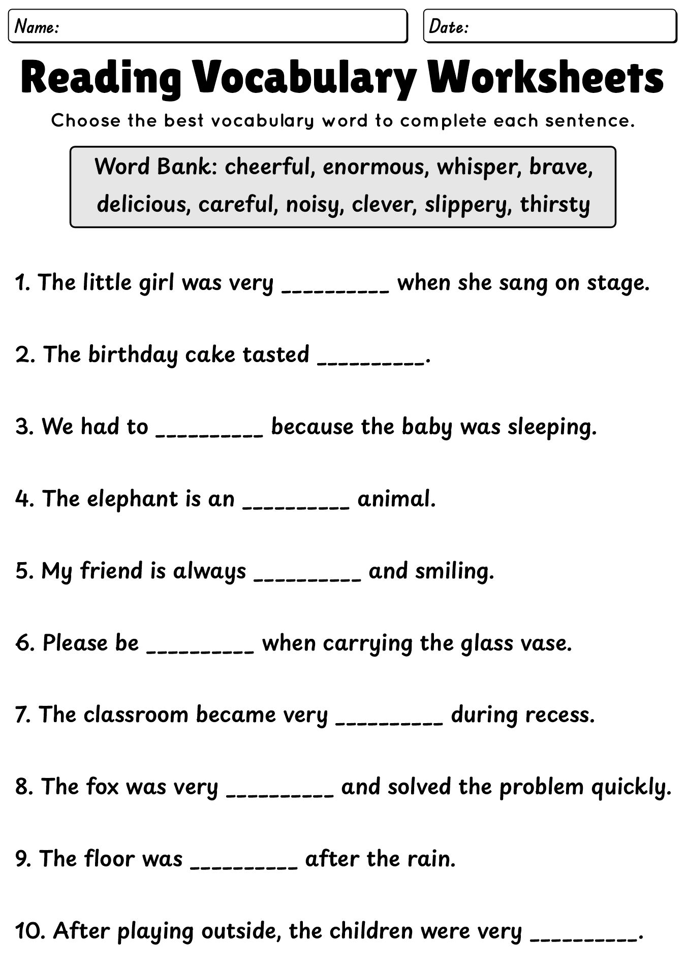 Reading Vocabulary Enhancement Worksheets